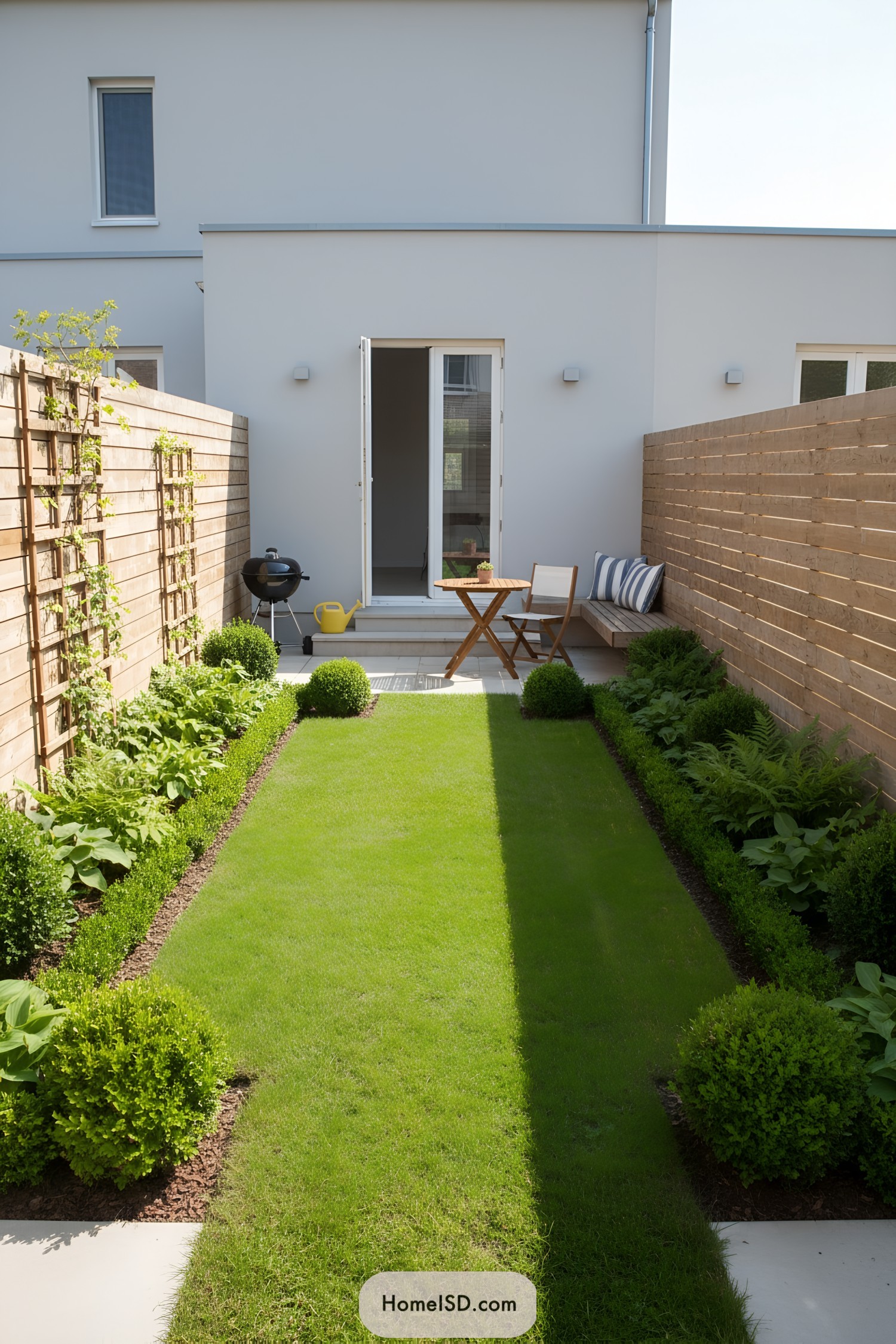 Compact courtyard with central lawn flanked by hedges, wood slat fences, and a small patio with bistro set