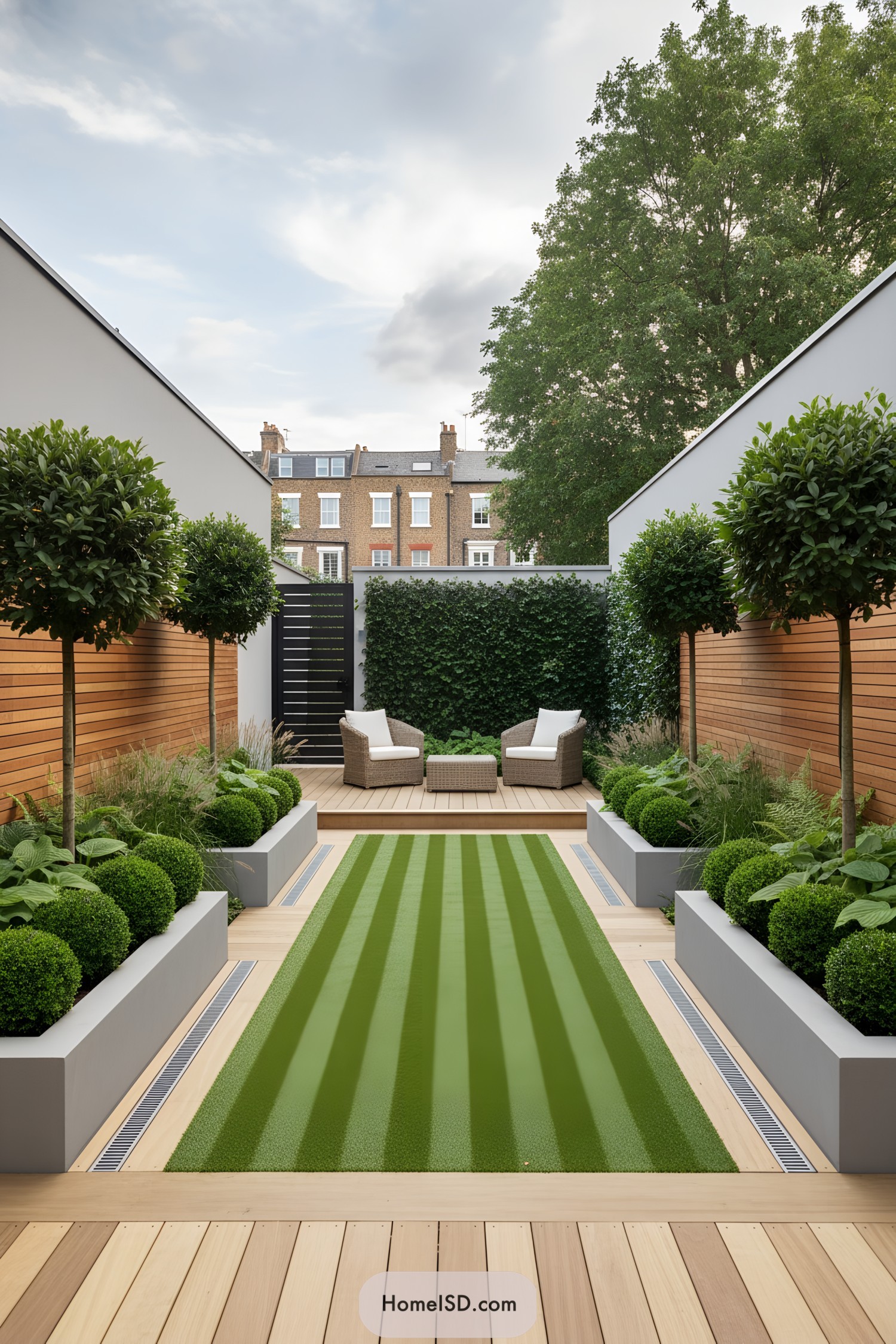 Rectangular courtyard with striped lawn, cedar cladding, and boxwood planters