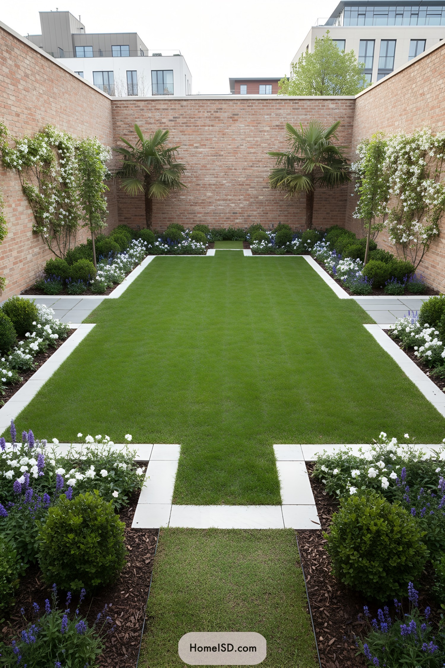 Rectangular walled garden with manicured lawn and white paver edging