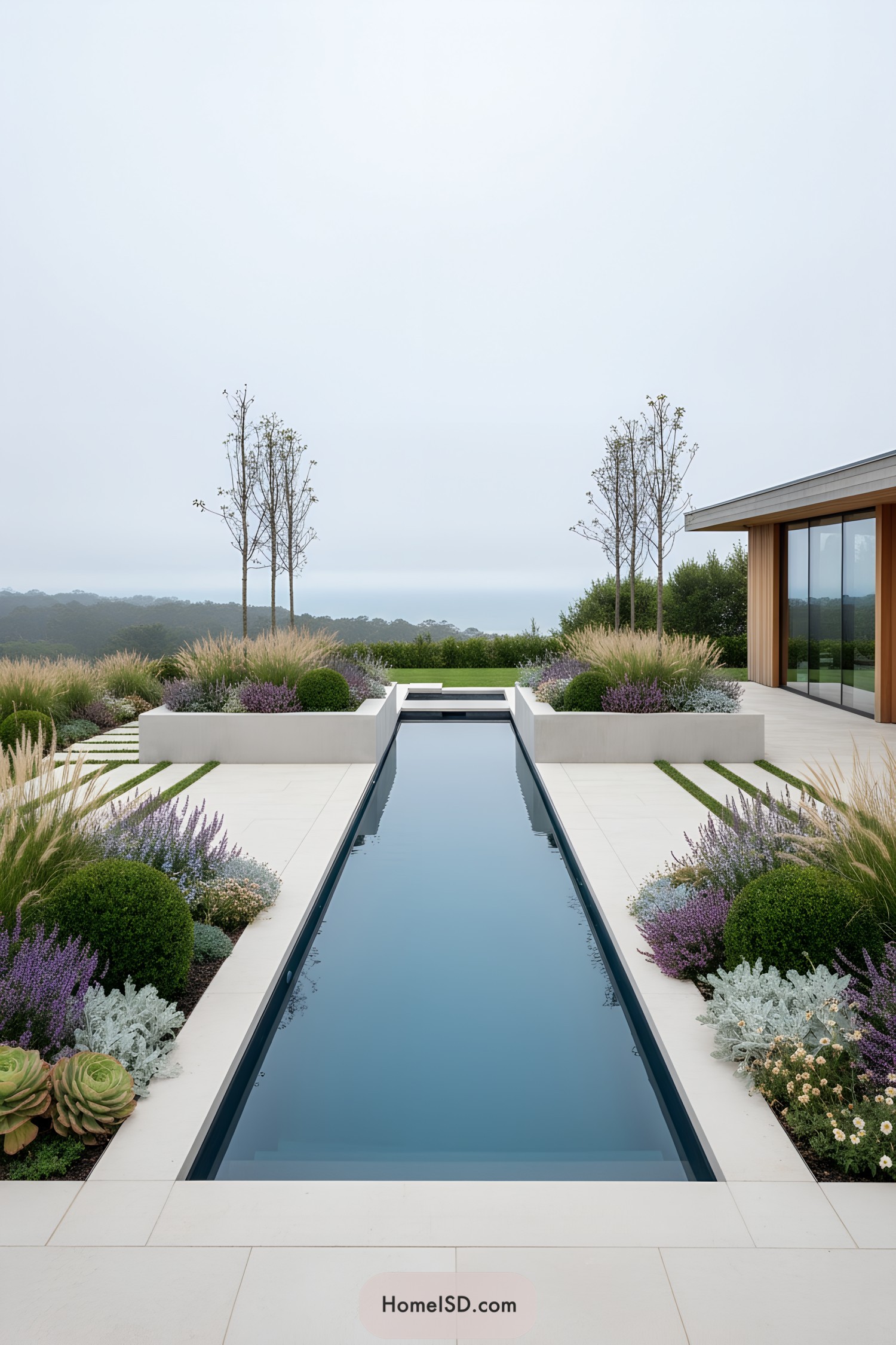 Long reflecting pool flanked by sculpted plantings