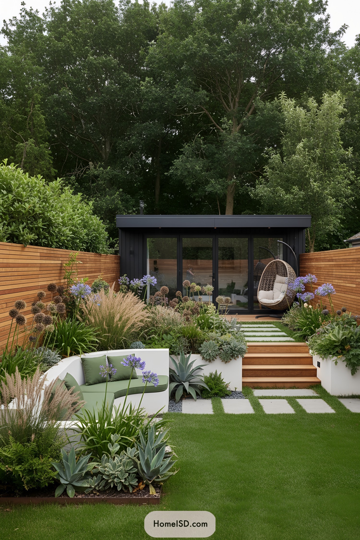 Modern backyard with tiered steps leading to a black garden studio, lush planting, and built-in seating
