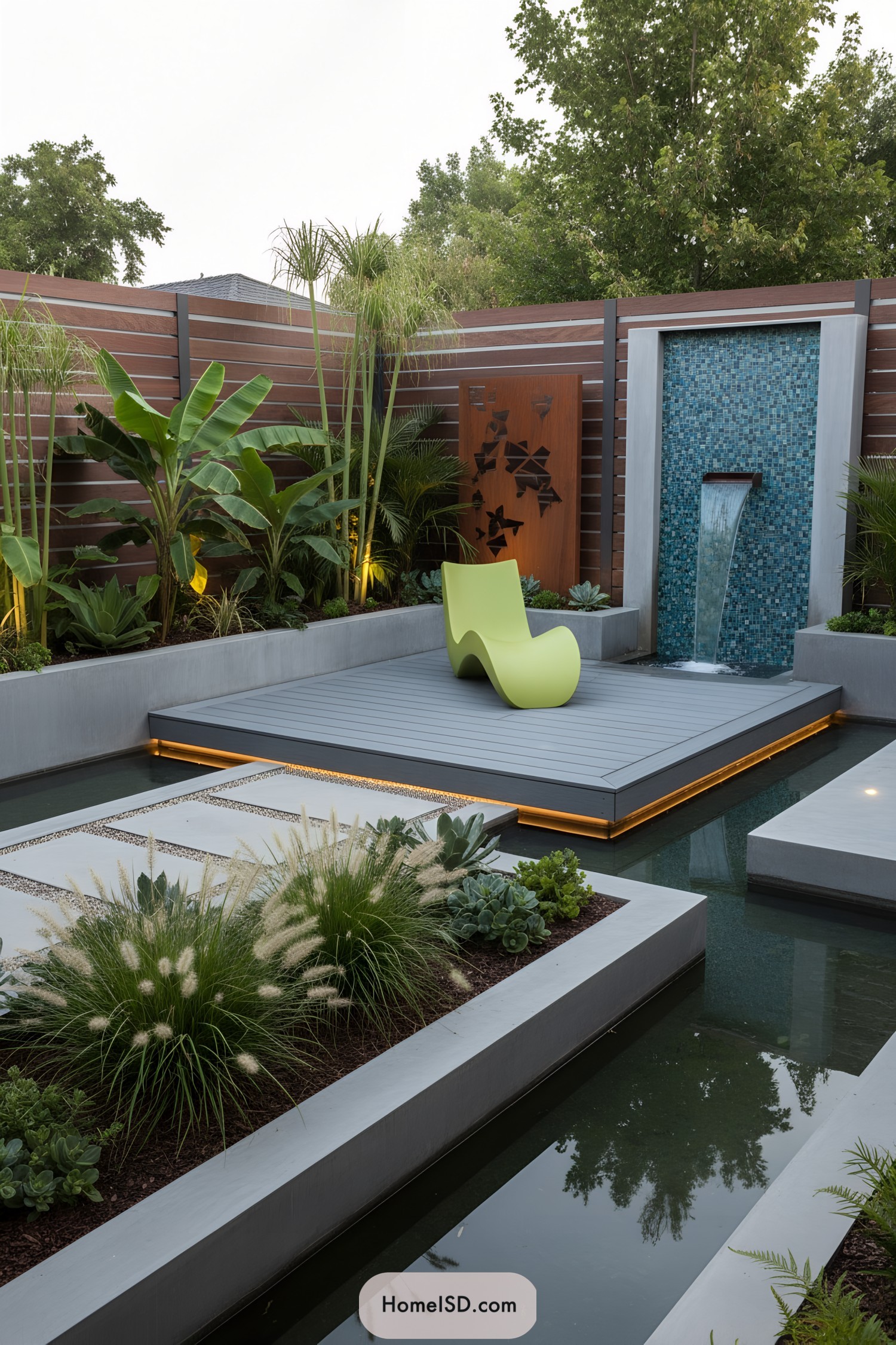 Contemporary courtyard with floating deck, water rills, and a mosaic-tiled spillway