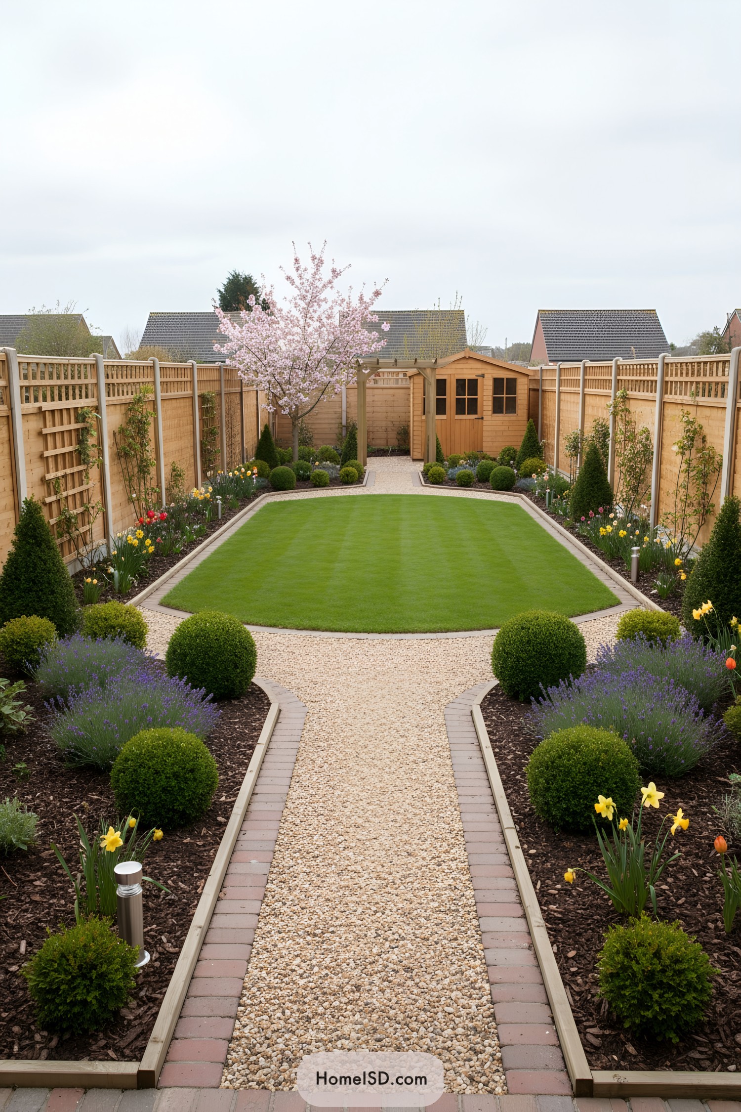 Rectangular lawn with gravel paths, clipped shrubs, and a cherry tree by a timber shed