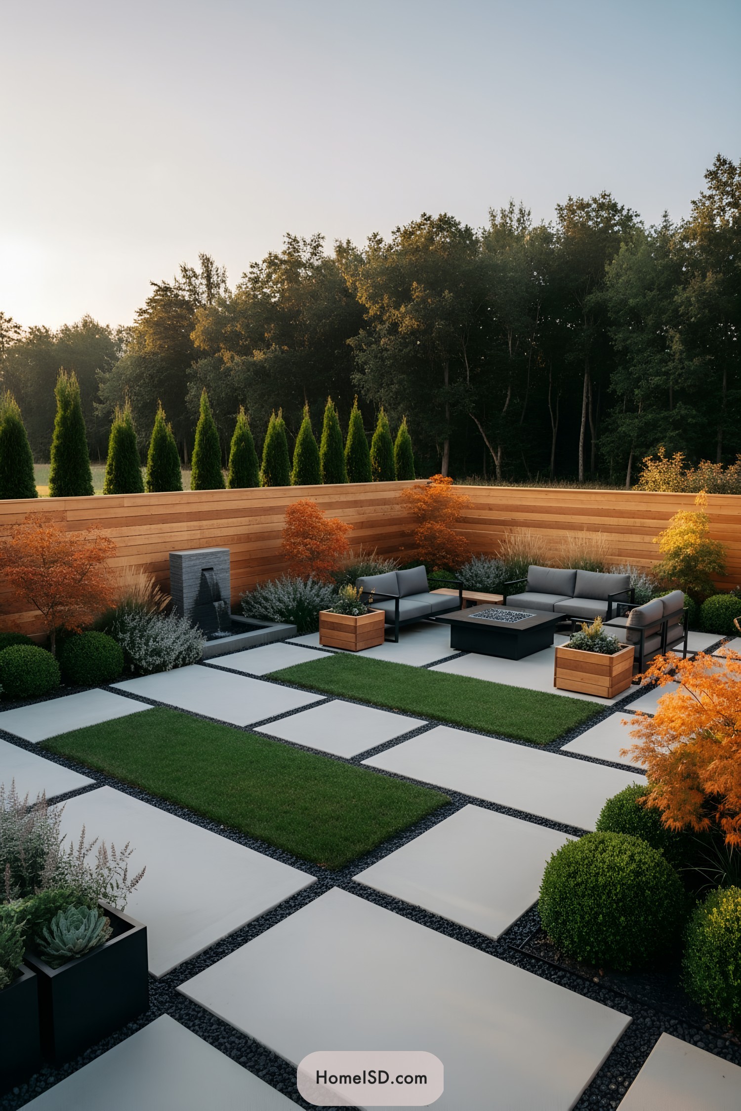 Modern patio with grid pavers and firepit