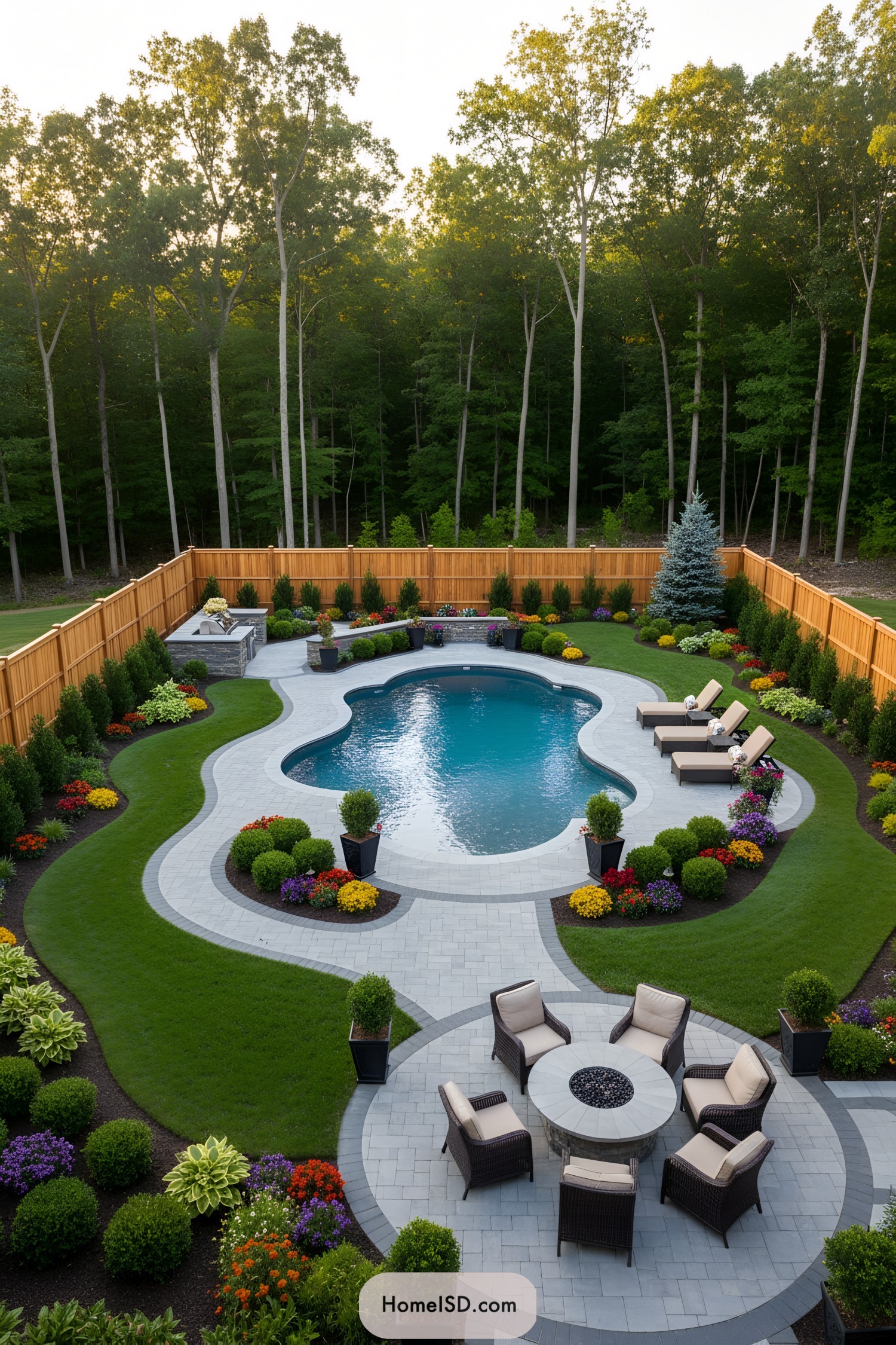 Curvy pool with paver patios and lush borders
