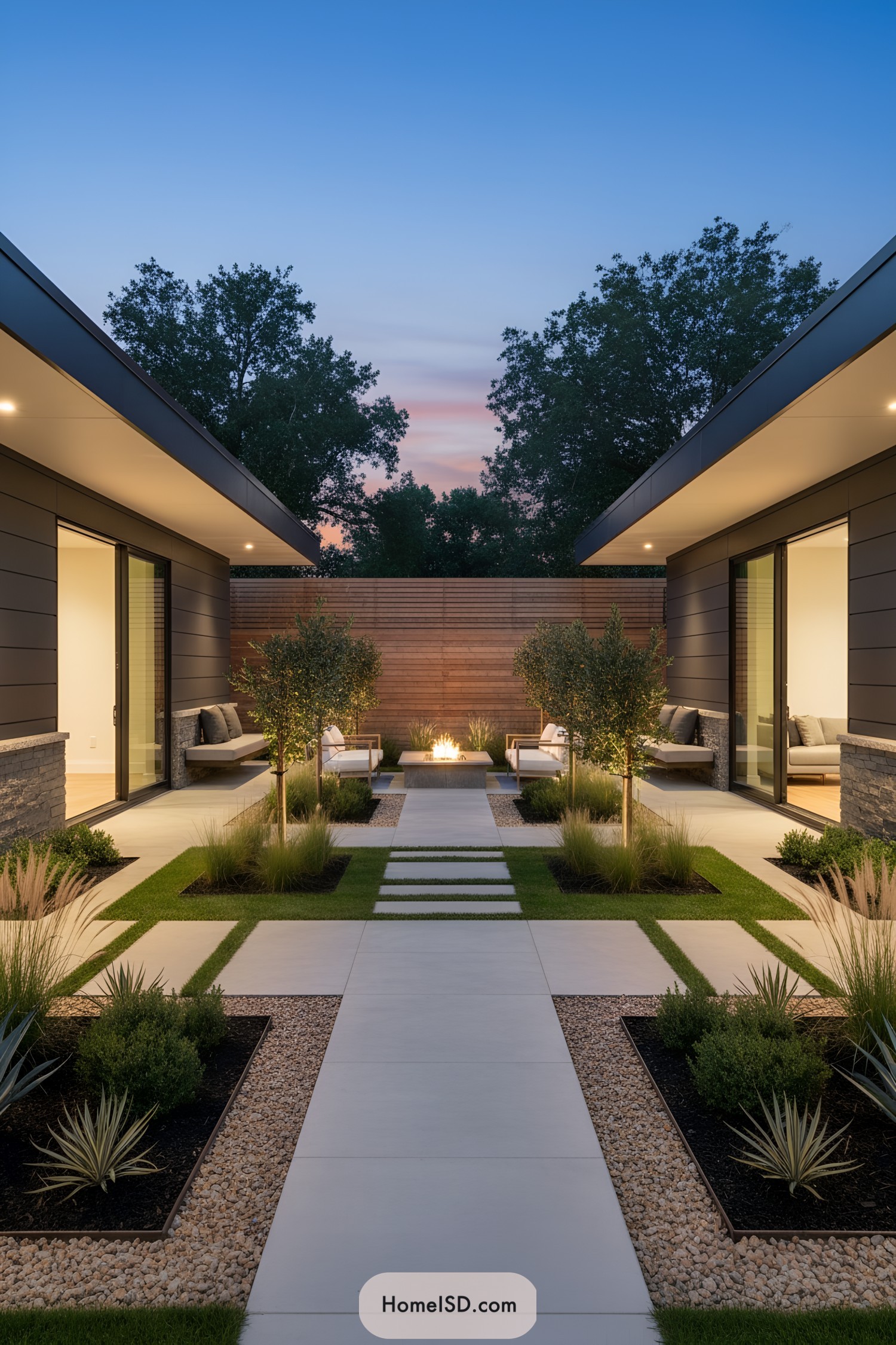 Modern courtyard with symmetrical paths and a low fire pit framed by two lounge zones