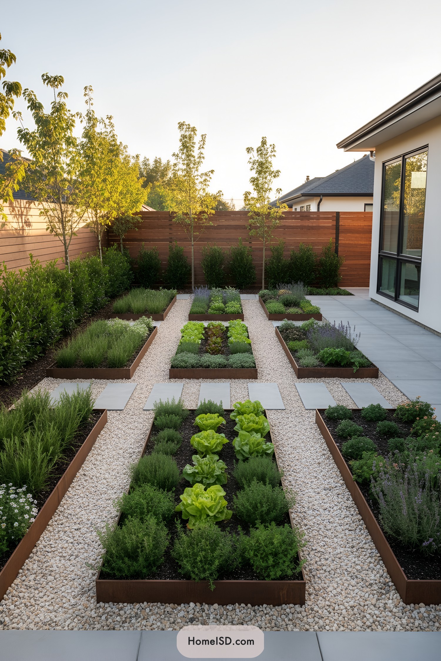 Raised beds with gravel paths and geometric stepping stones in a modern backyard