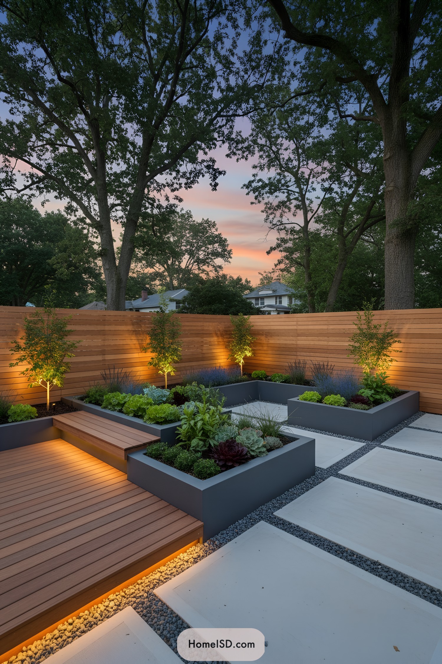 Contemporary courtyard with raised planters and lit steps