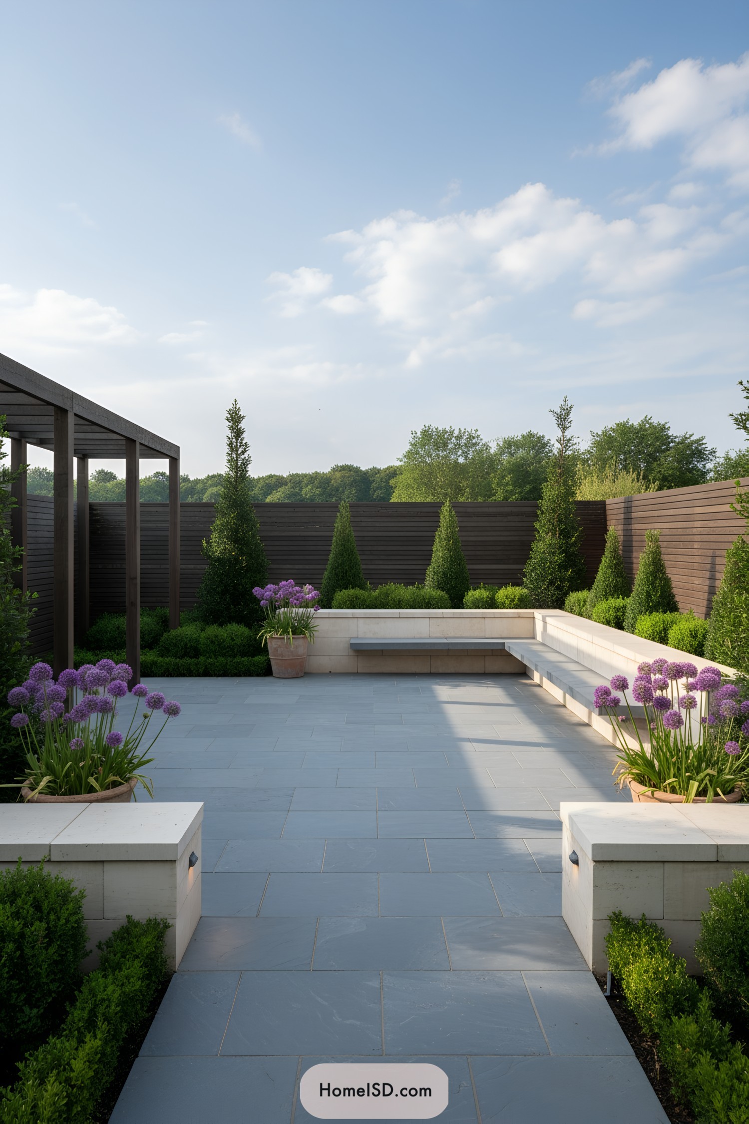 Minimalist patio with slate pavers, built-in L-shaped bench, and boxwood borders accented by purple alliums