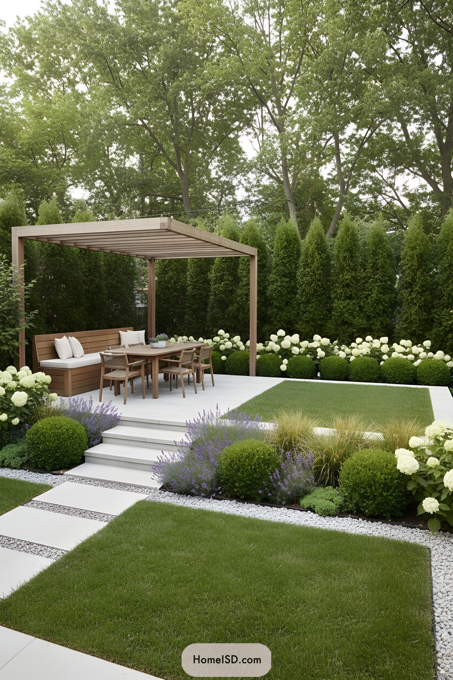 Wood pergola dining terrace with stepped paths and manicured hedges