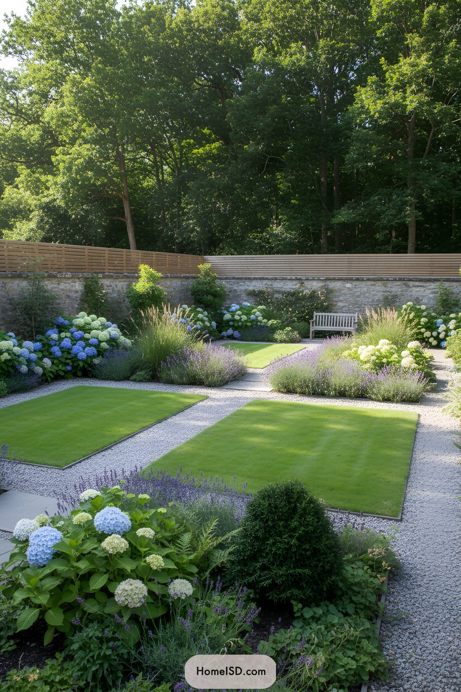 Rectangular lawn panels with gravel paths and lavender