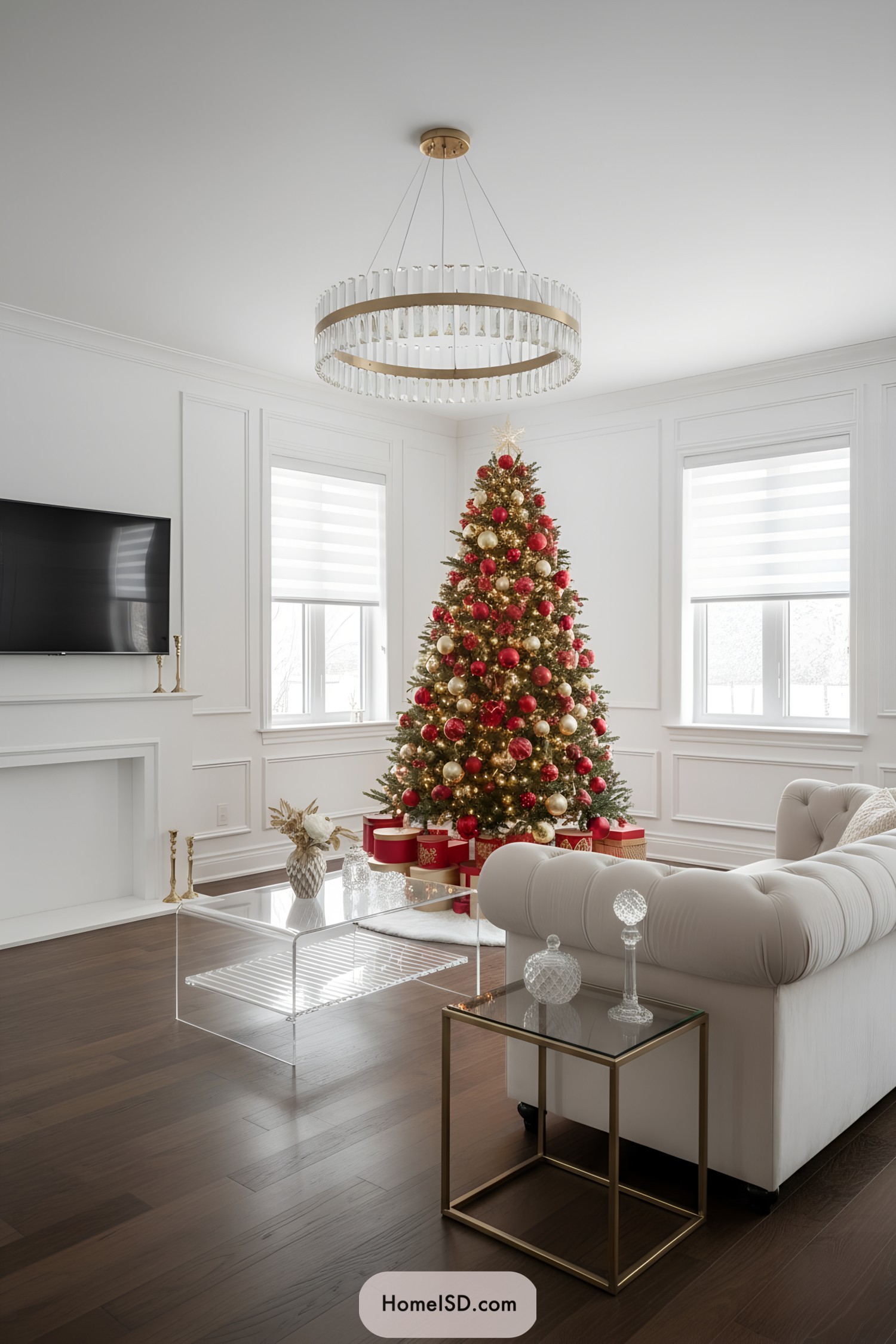 Red-and-gold ornamented Christmas tree in bright white living room with gifts beneath