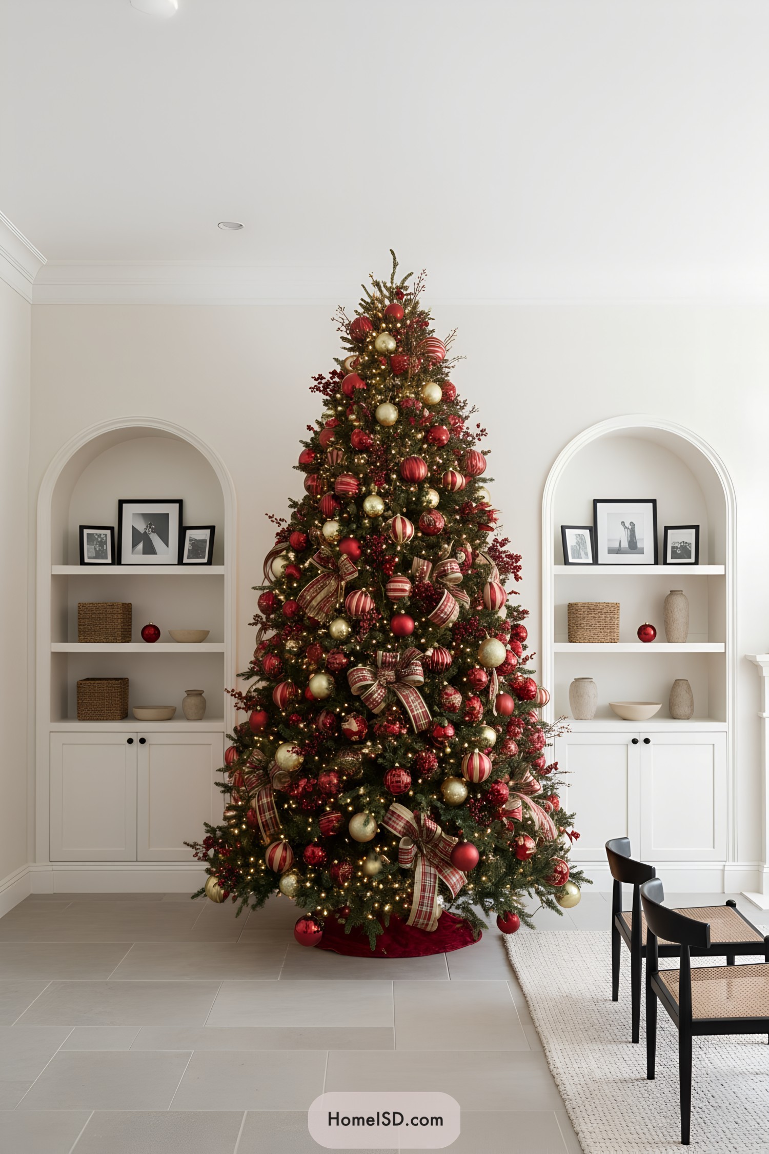 Red and gold ornamented Christmas tree with plaid bows and warm lights