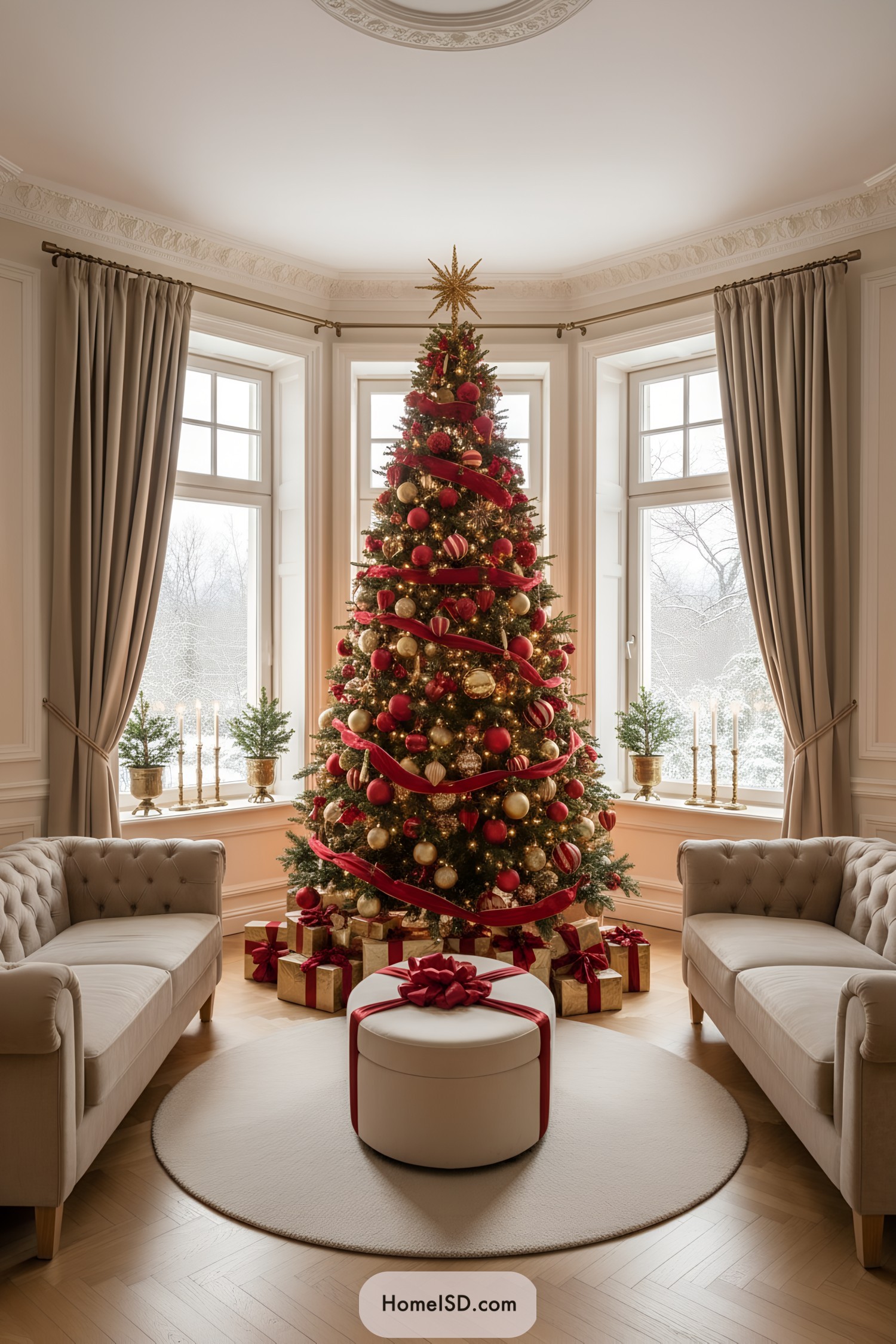 Red-and-gold Christmas tree in elegant salon