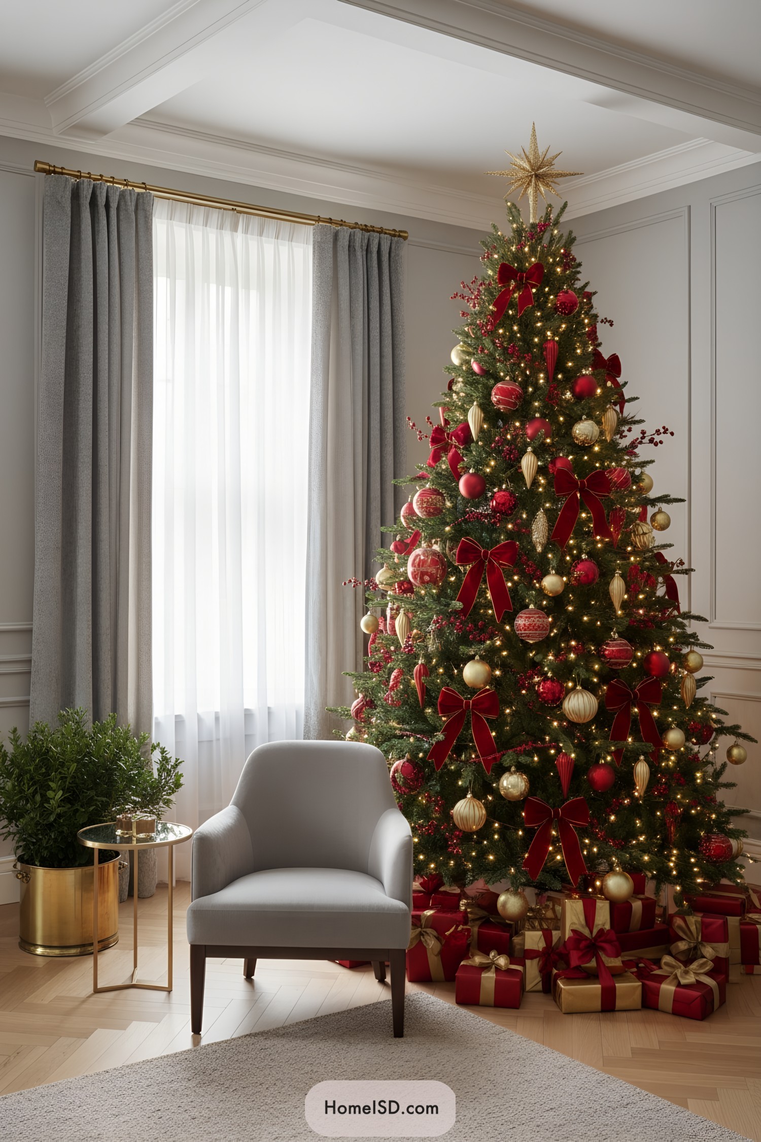Red-and-gold Christmas tree with velvet bows and lights