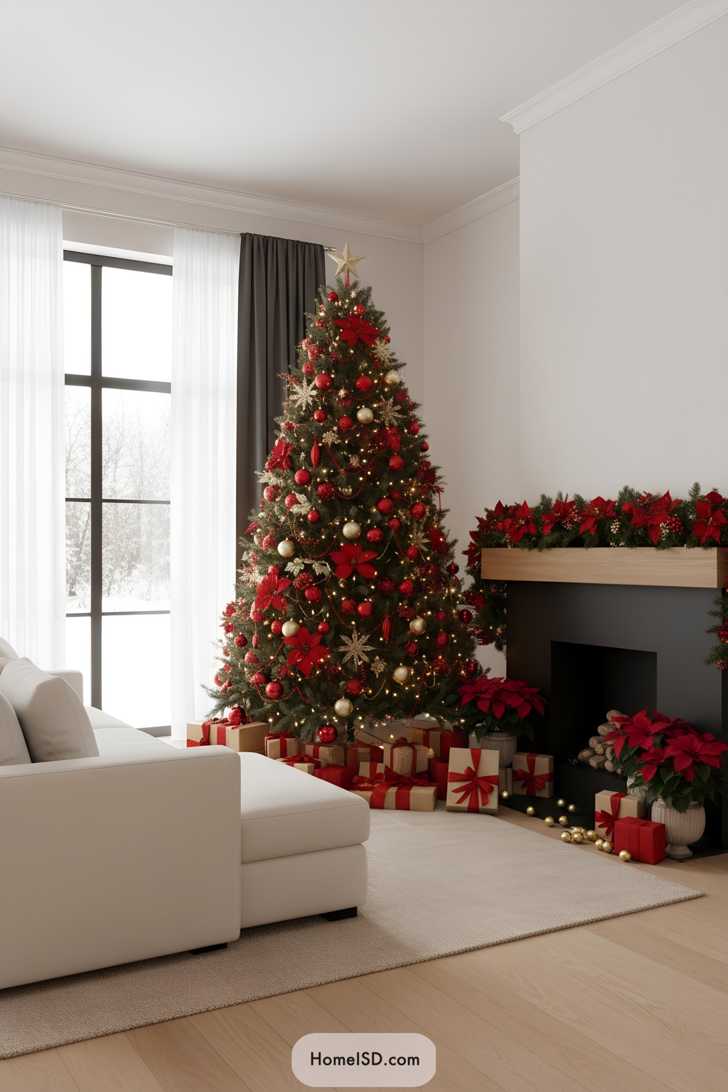 Red-and-gold Christmas tree beside fireplace with poinsettias and wrapped gifts