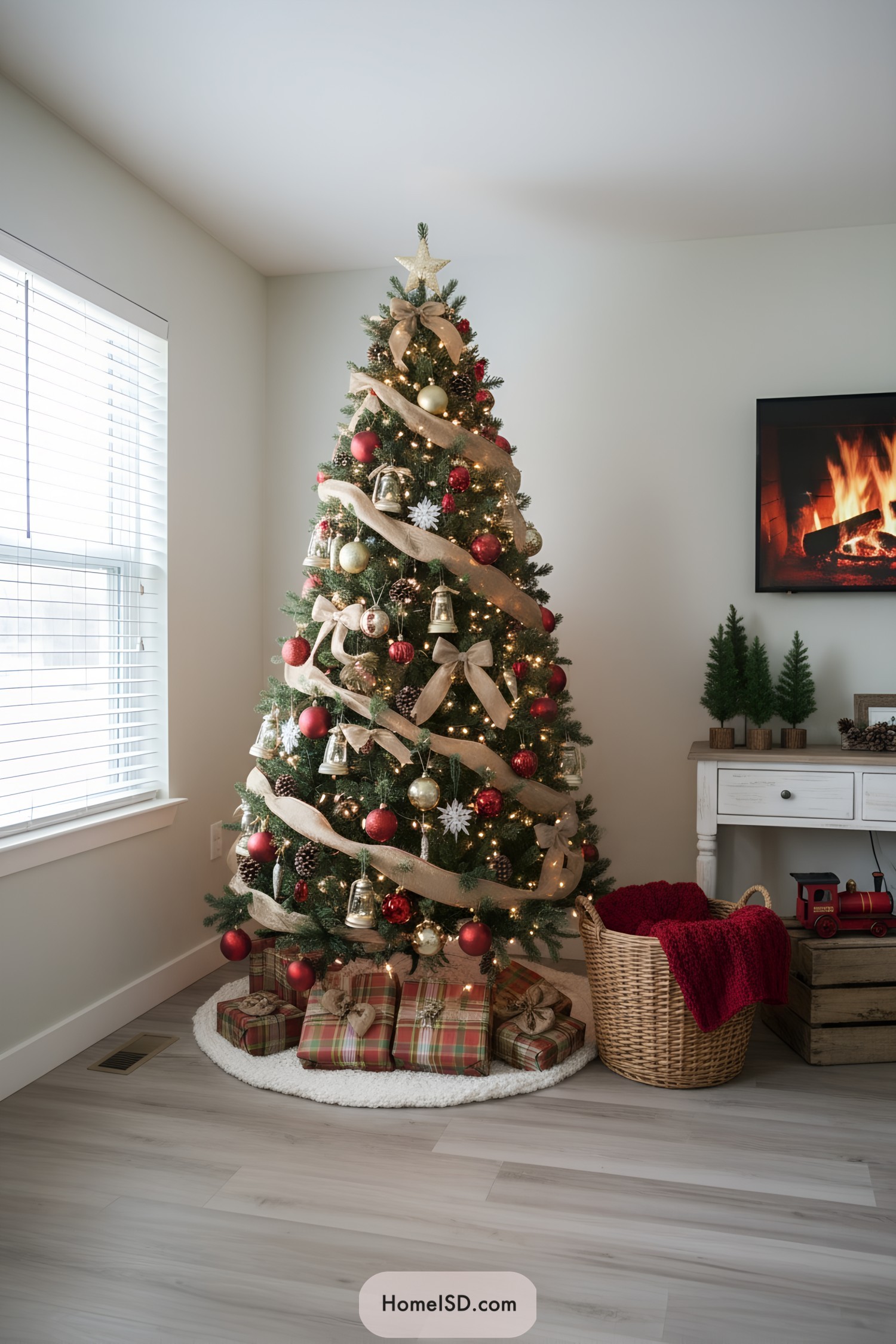 Festive Christmas tree with burlap ribbon, red and gold ornaments, and warm lights