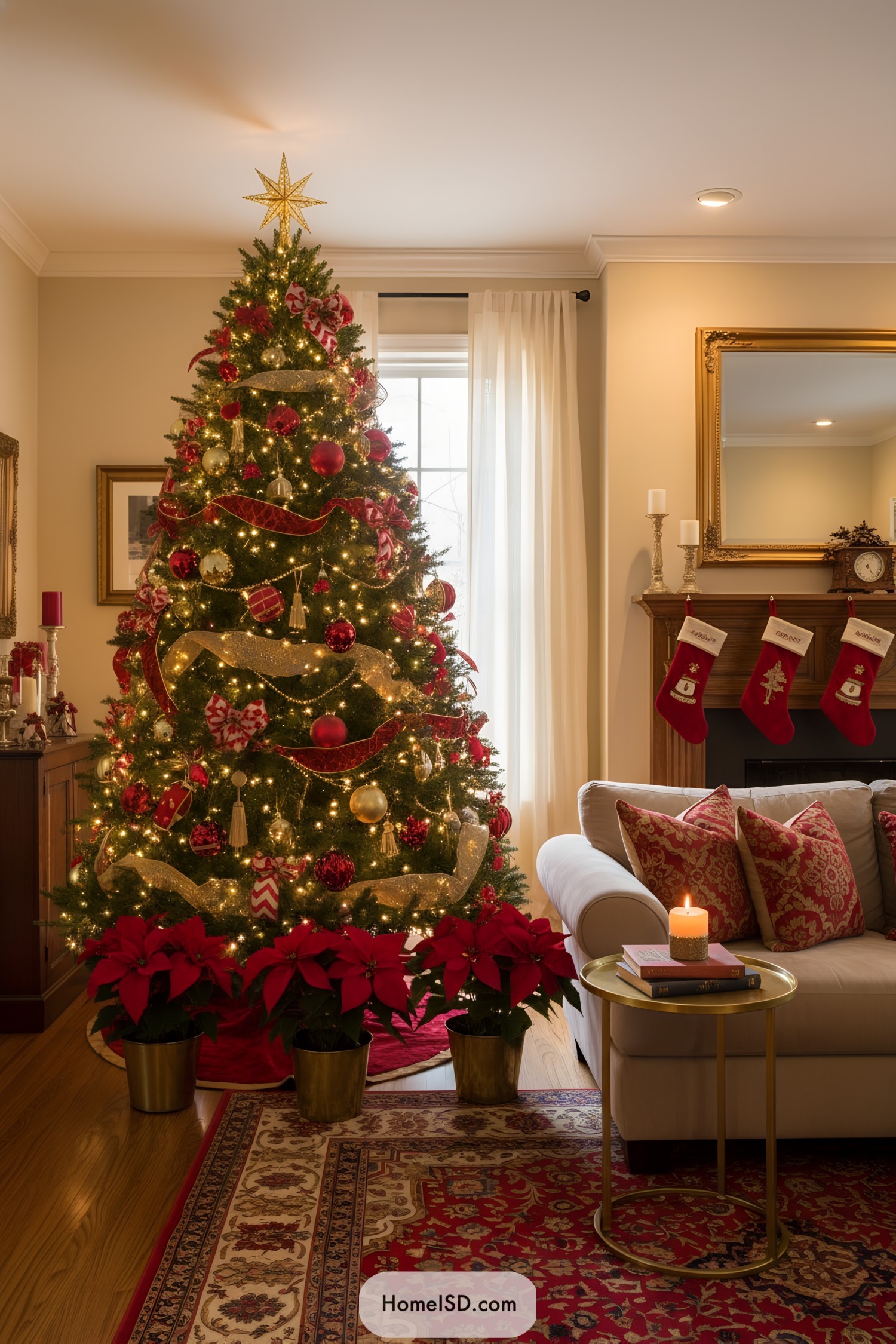 Red-and-gold Christmas tree with ribbon, lights, and poinsettias in a cozy living room