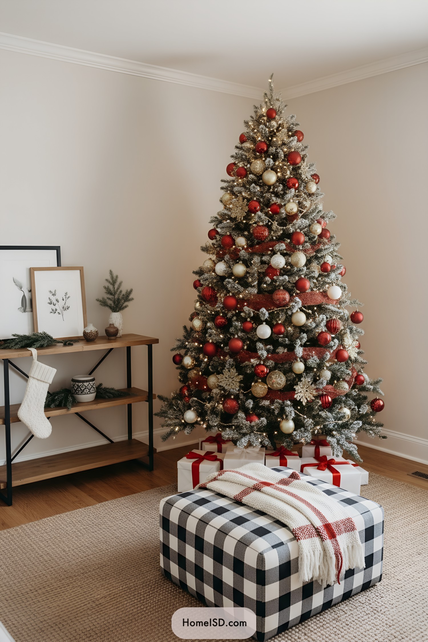 Red and gold ornamented Christmas tree with frosted branches and white gift boxes tied in red ribbons