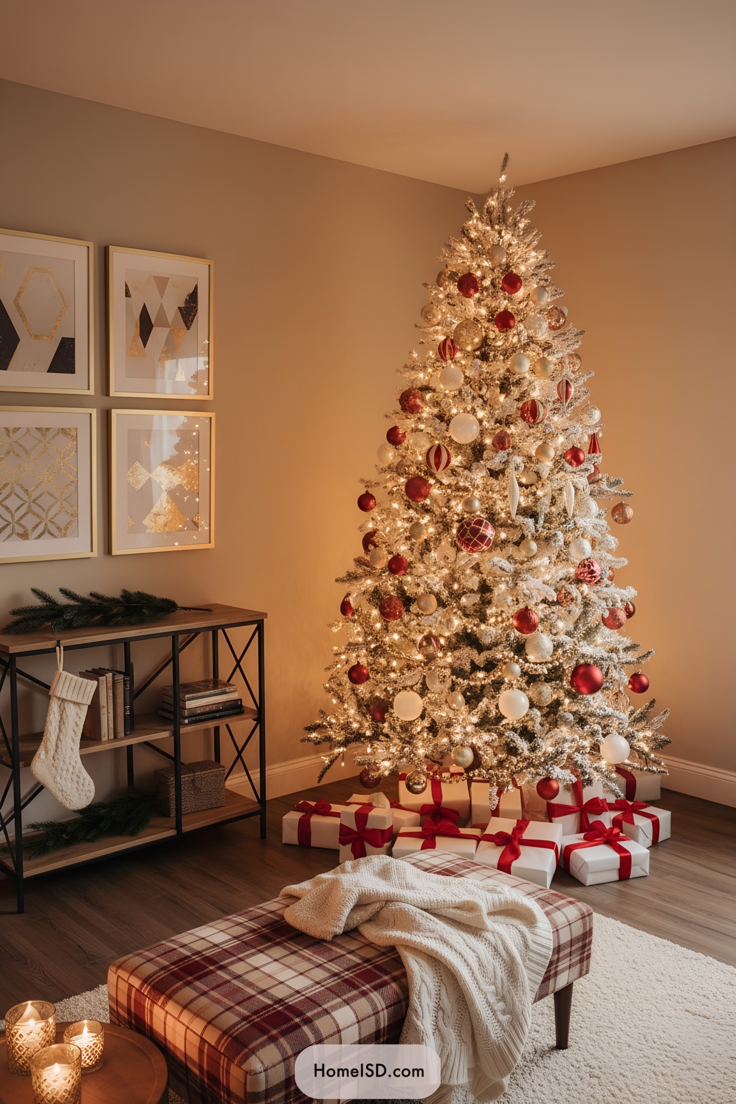 Flocked red-and-gold Christmas tree with warm lights