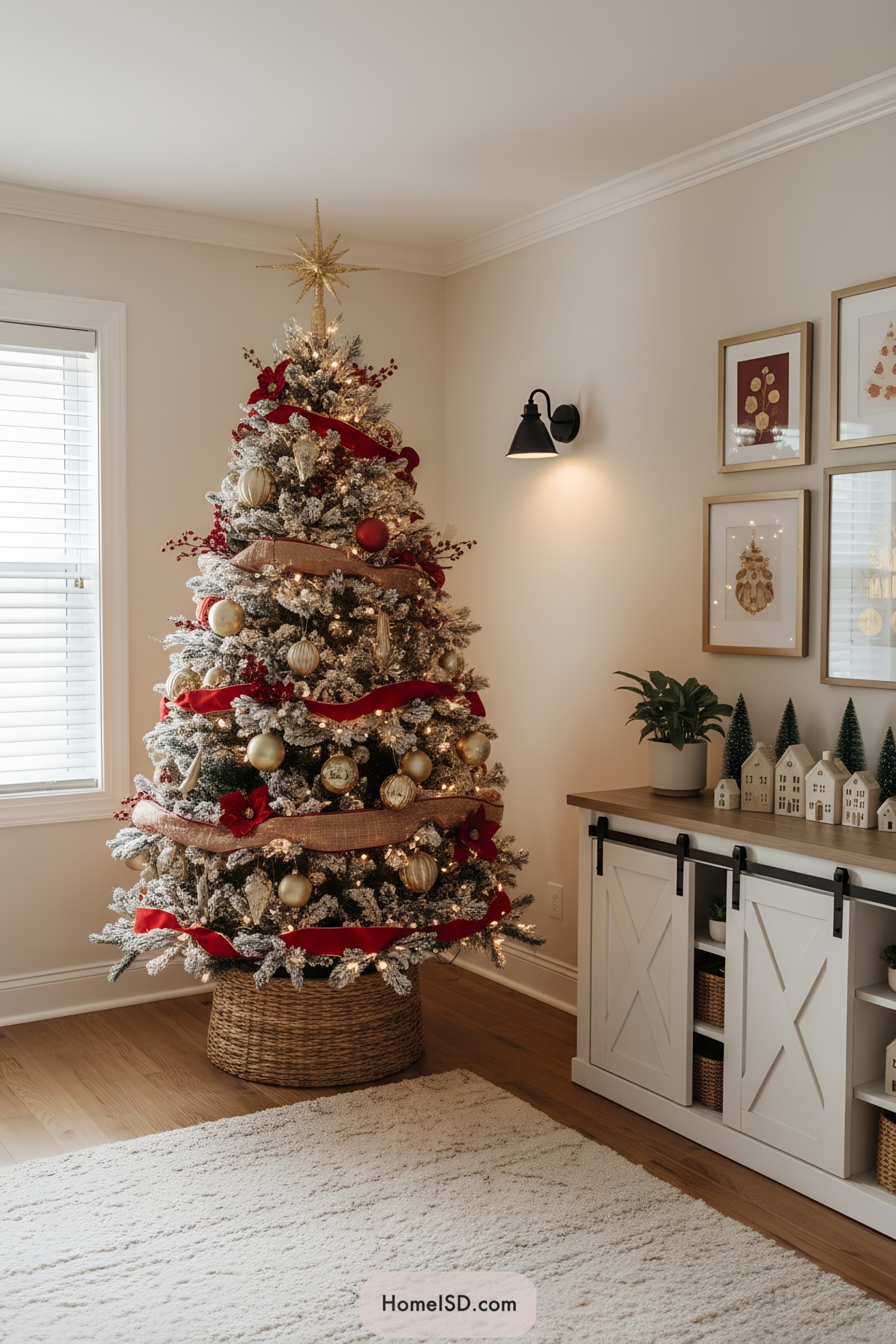 Flocked red-and-gold Christmas tree with ribbons and lights