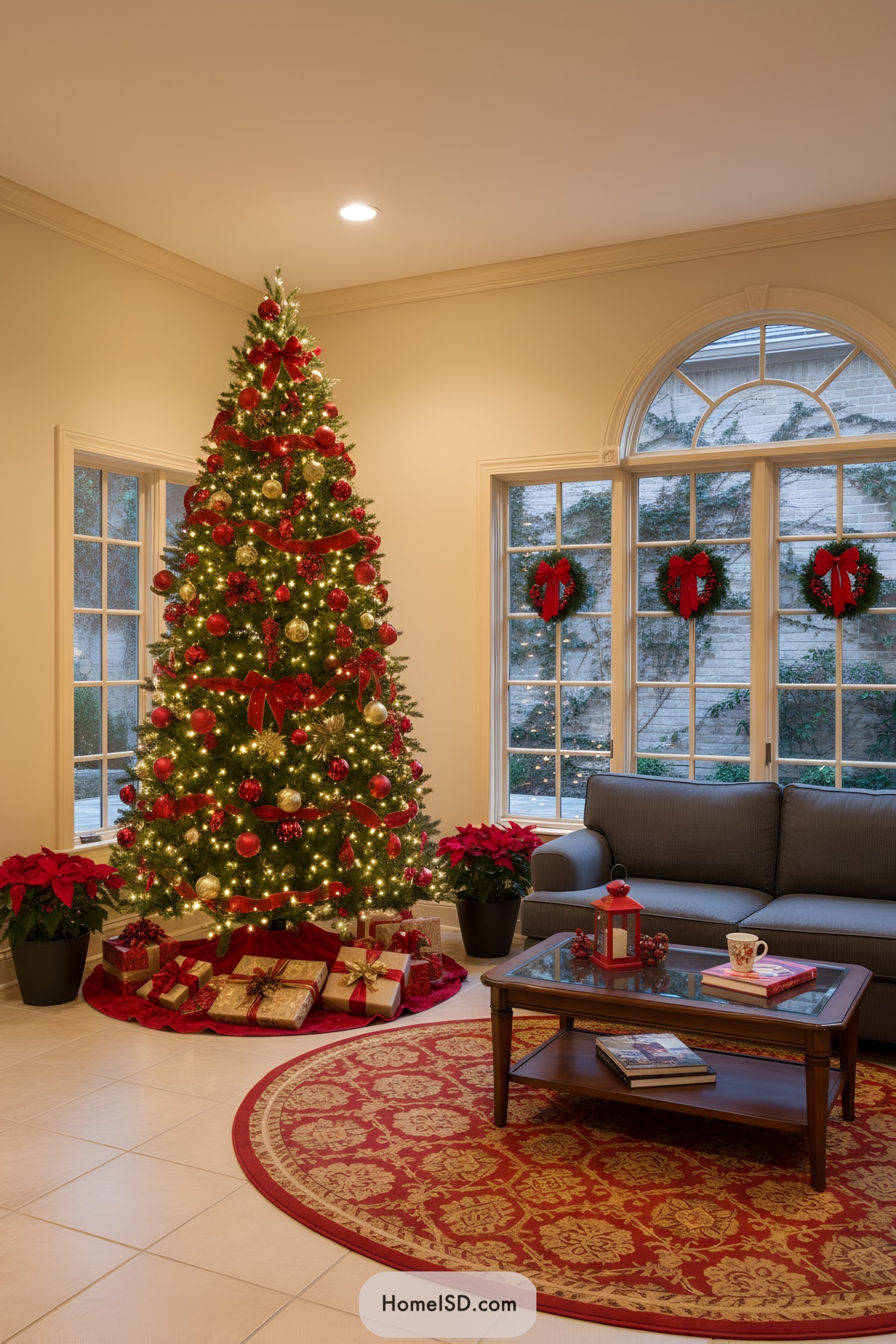 Tall red-and-gold Christmas tree with bows and baubles beside windows and wreaths