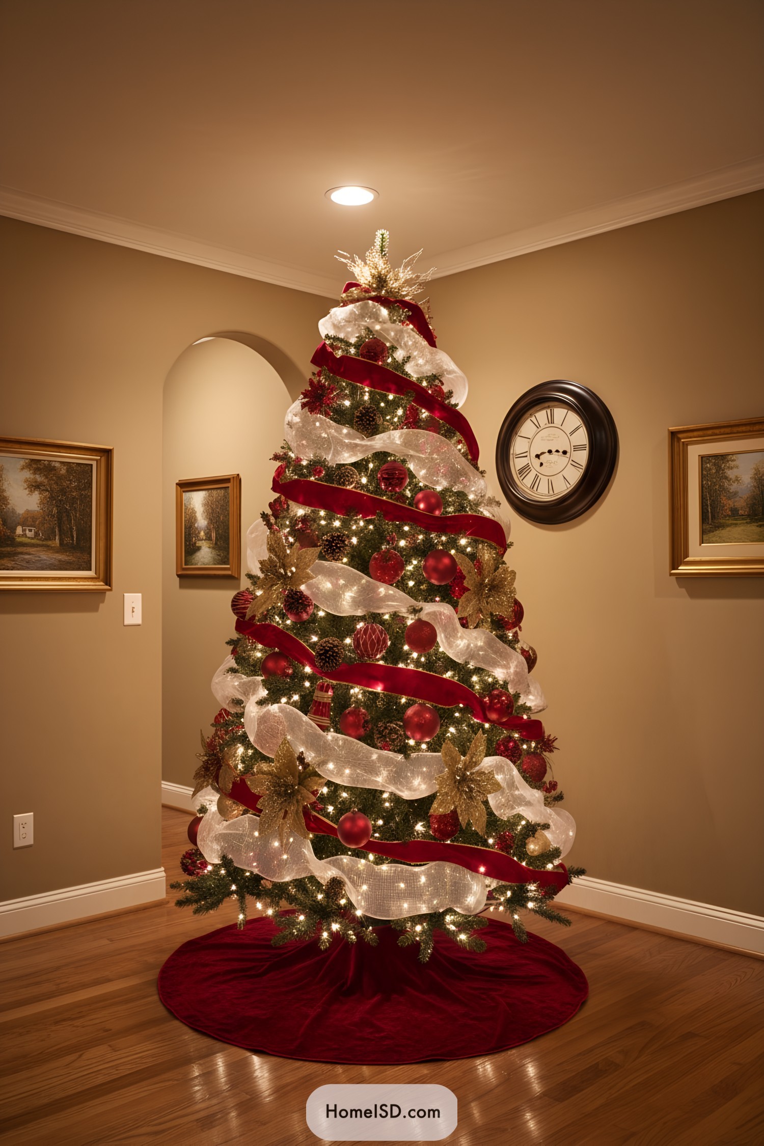 Red-and-gold Christmas tree with white mesh ribbon and glowing lights