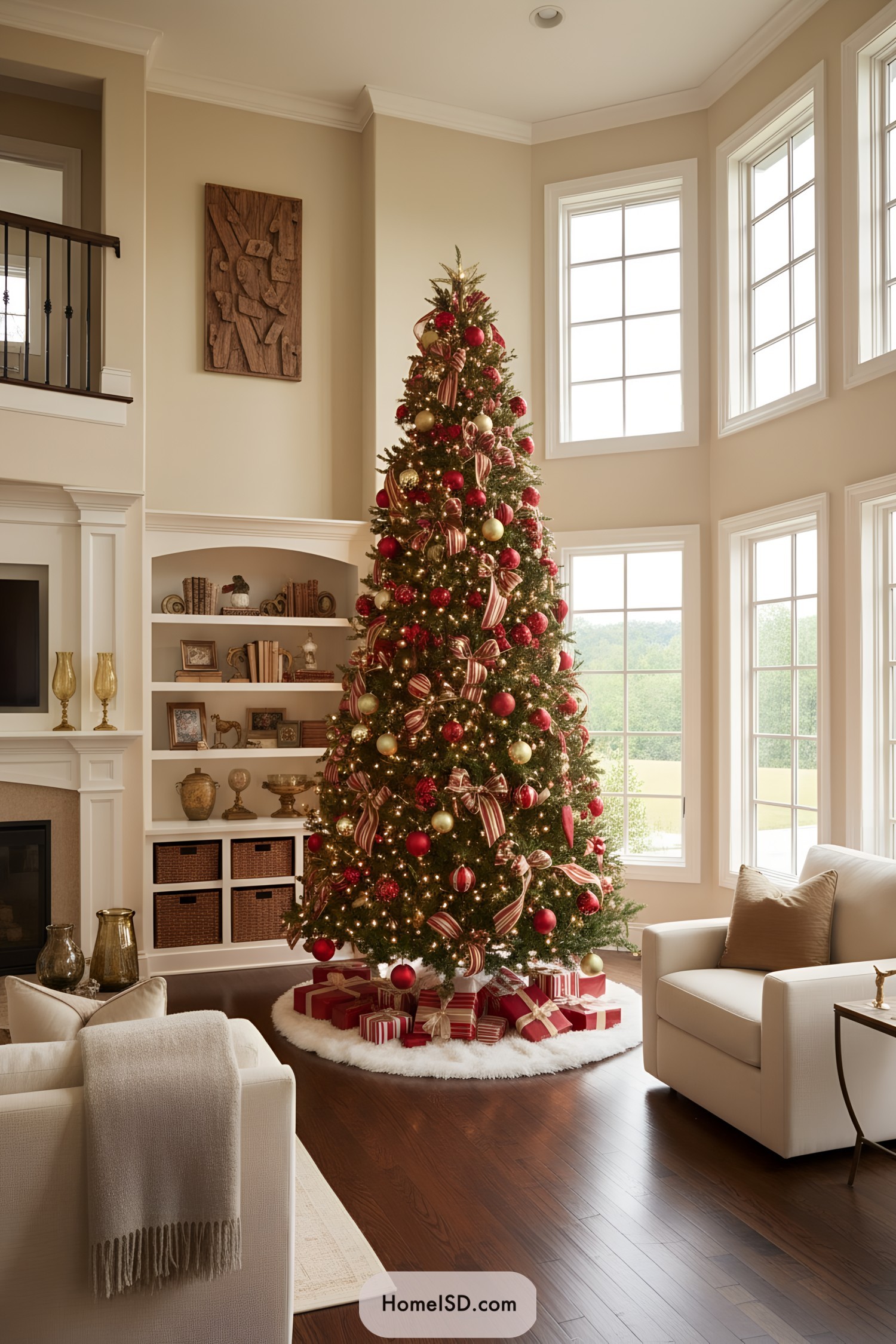Tall red-and-gold Christmas tree with striped ribbons