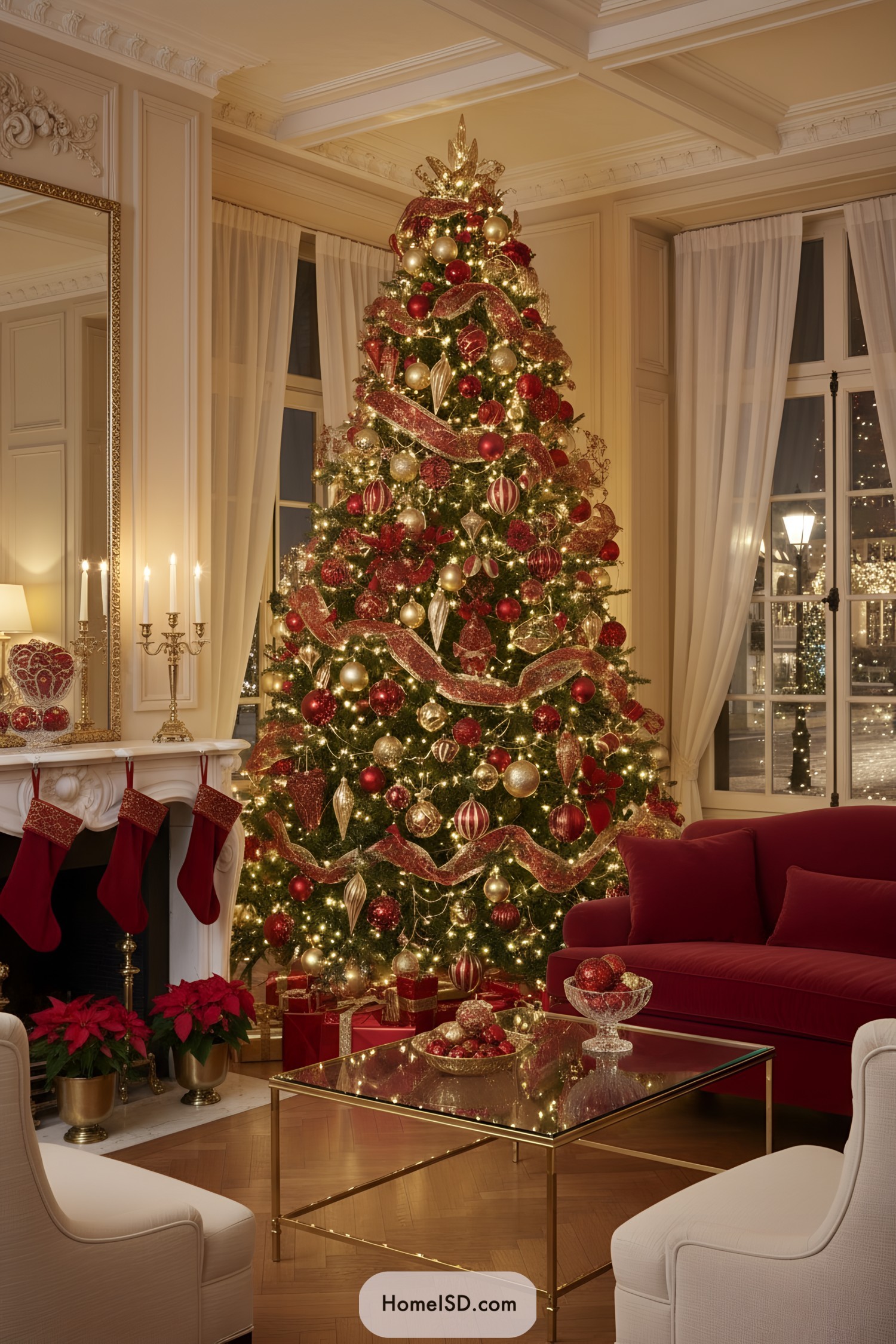 Luxurious red-and-gold Christmas tree in elegant living room