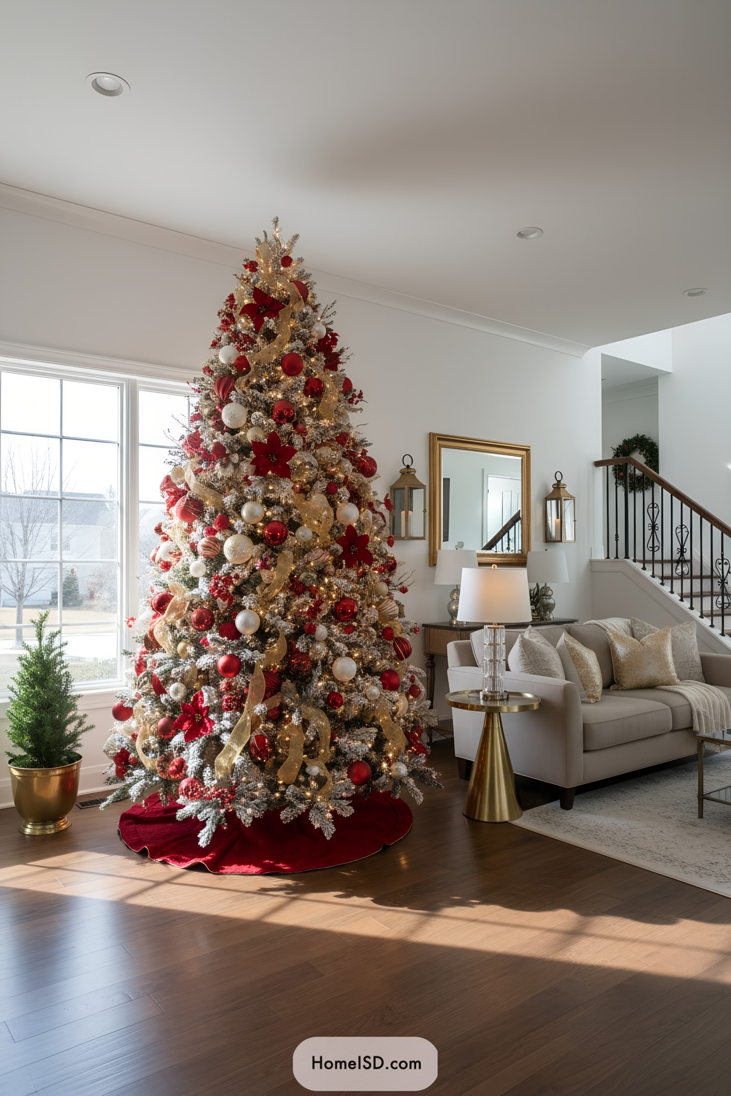 Red-and-gold Christmas tree with frosted branches