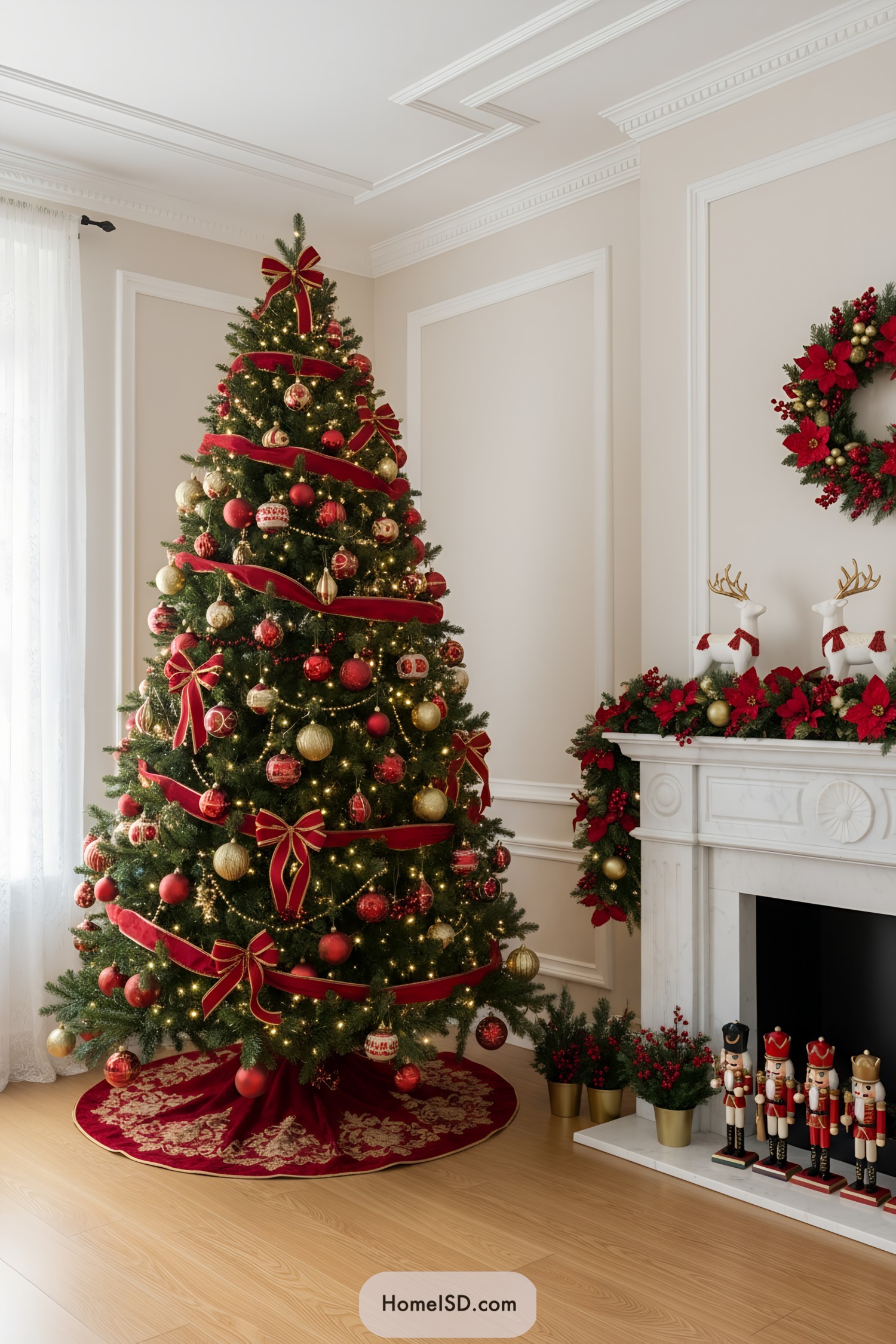 Red-and-gold Christmas tree with velvet ribbons