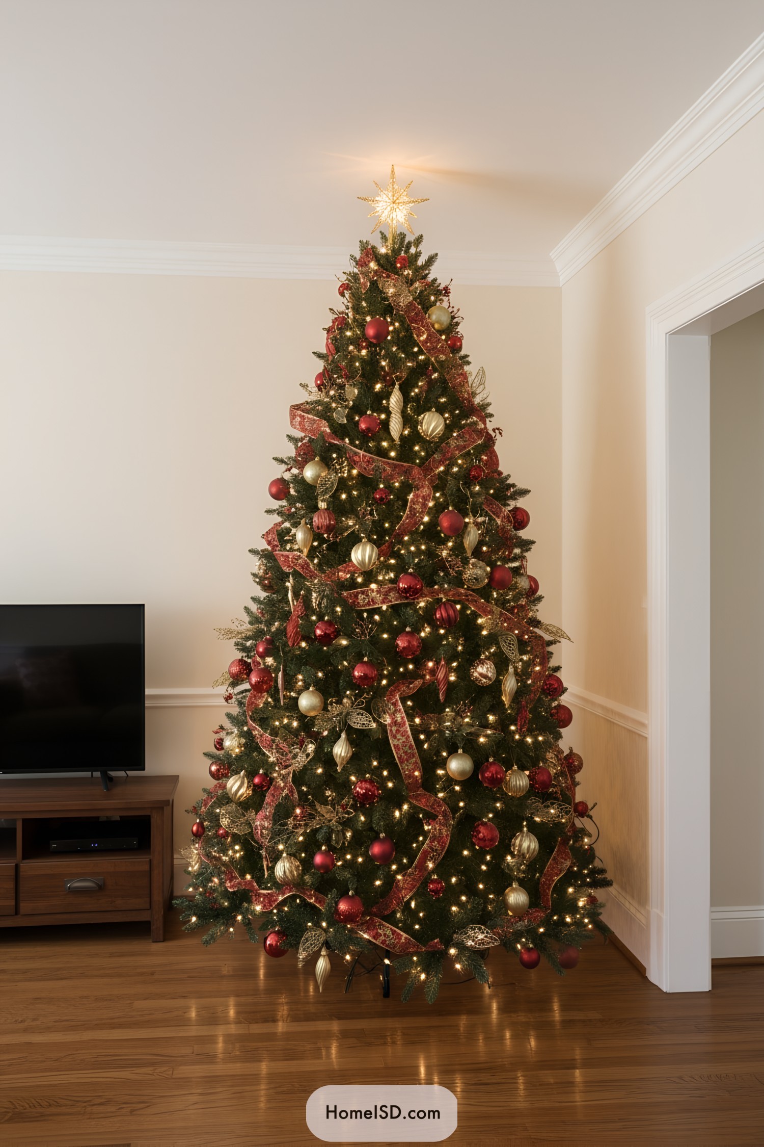 Tall red-and-gold Christmas tree with ribbon and lights
