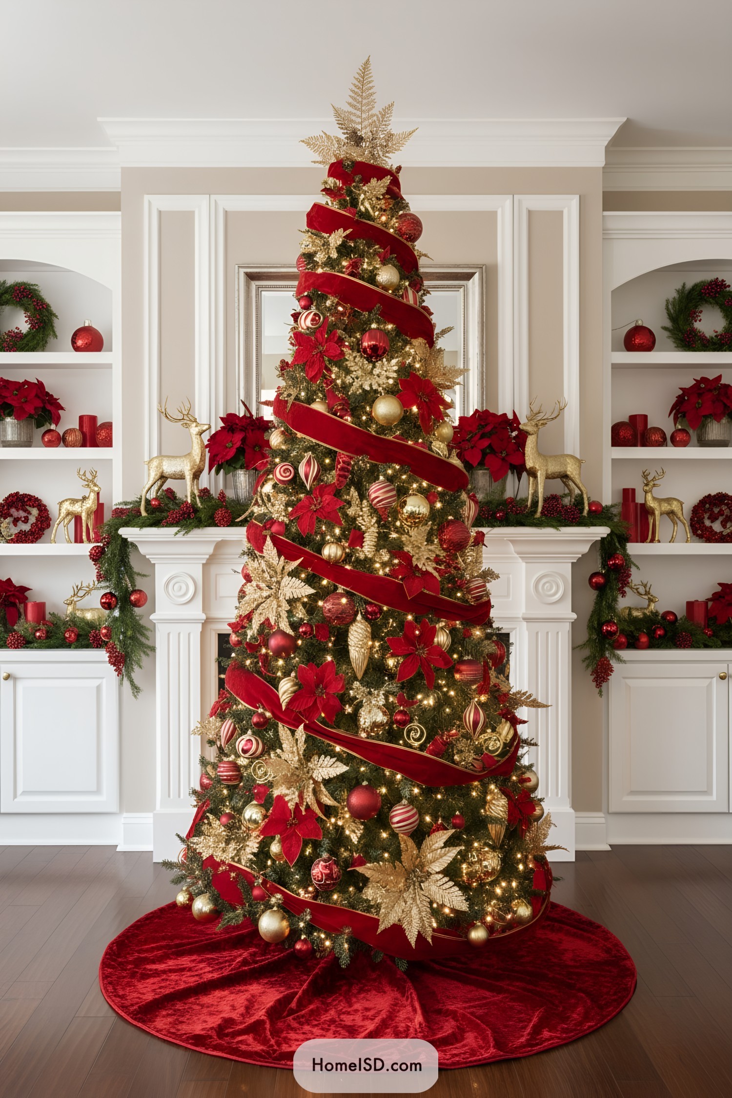 Red-and-gold Christmas tree with velvet ribbon