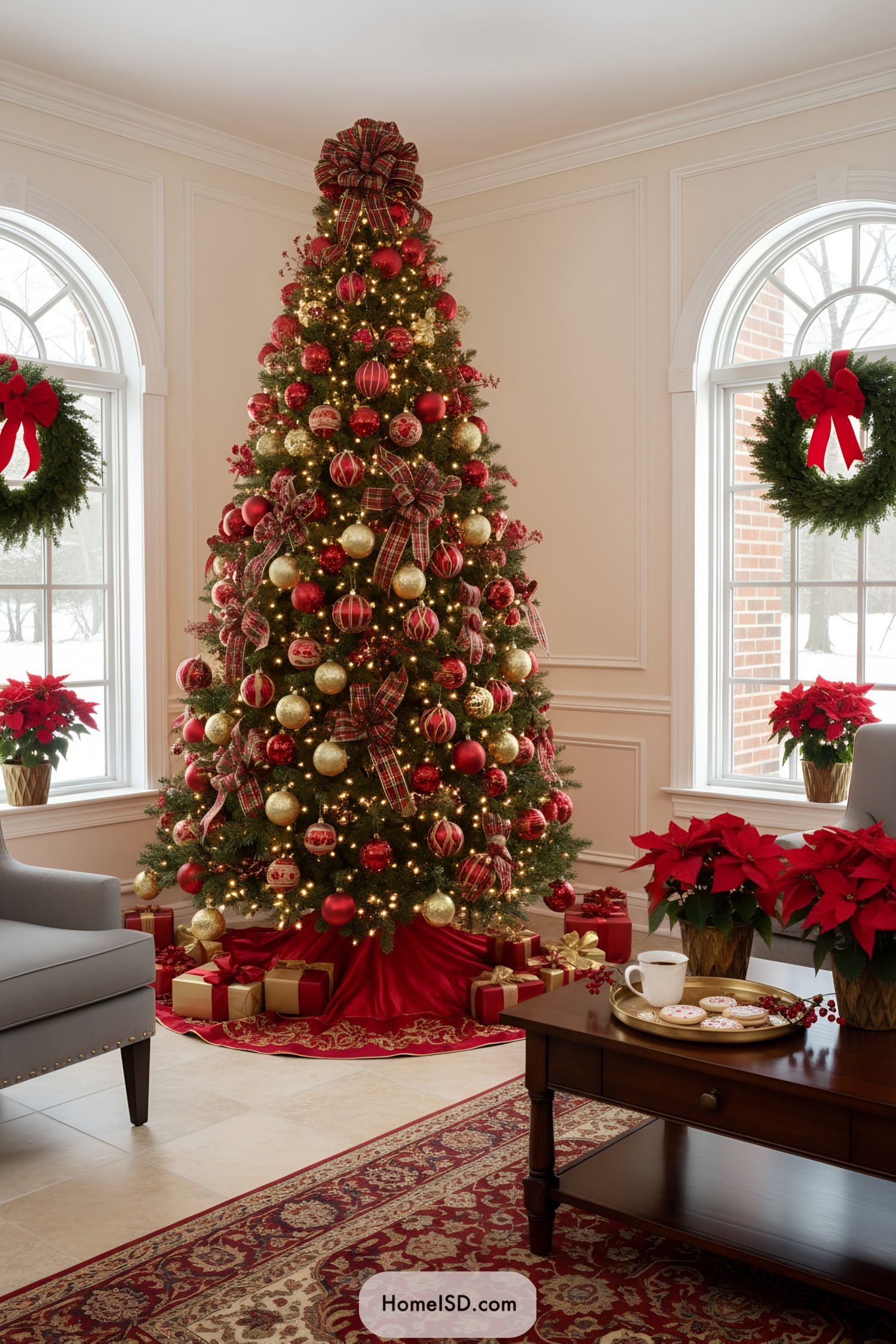 Elegant red-and-gold Christmas tree with plaid bows
