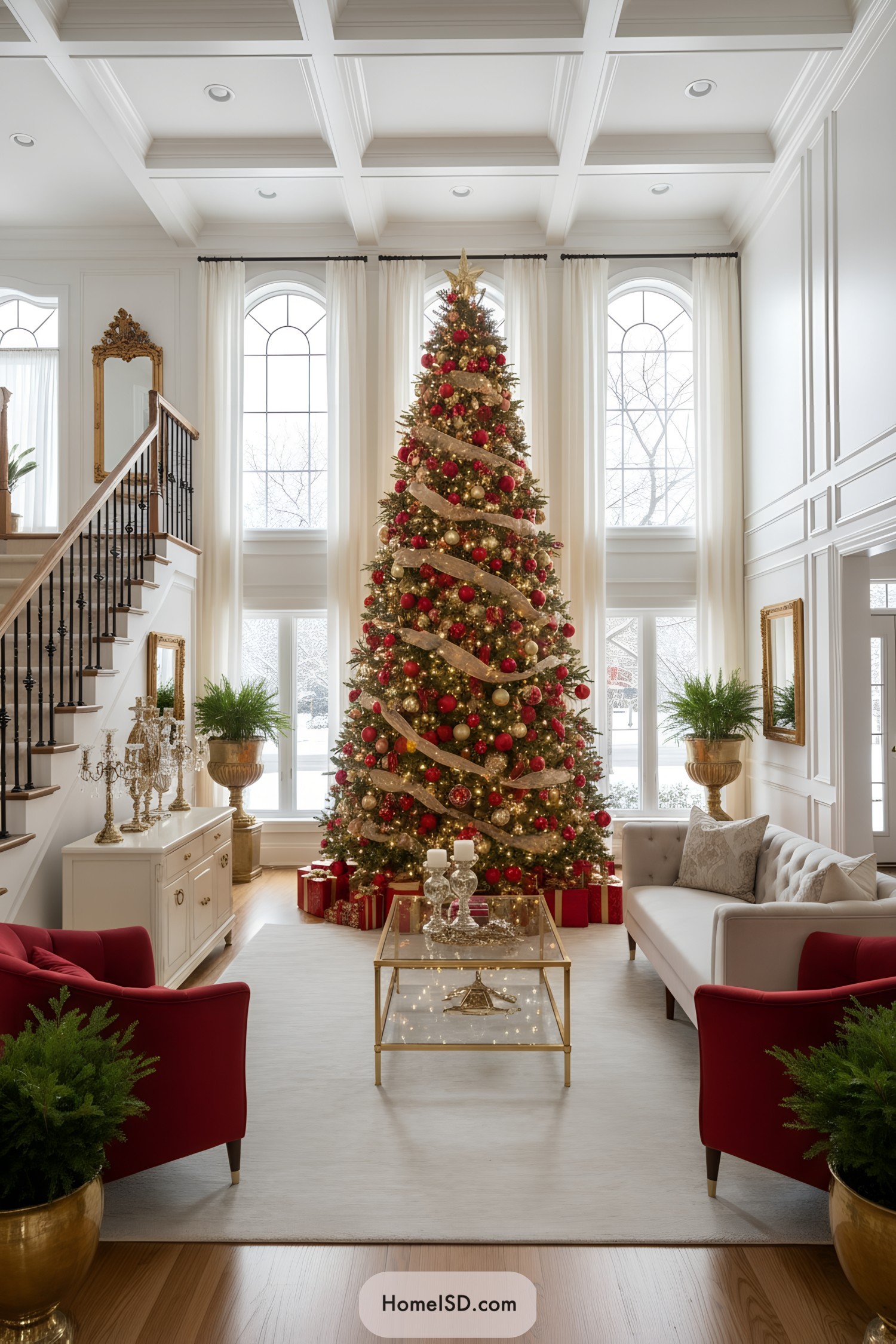 Tall red-and-gold Christmas tree in elegant living room