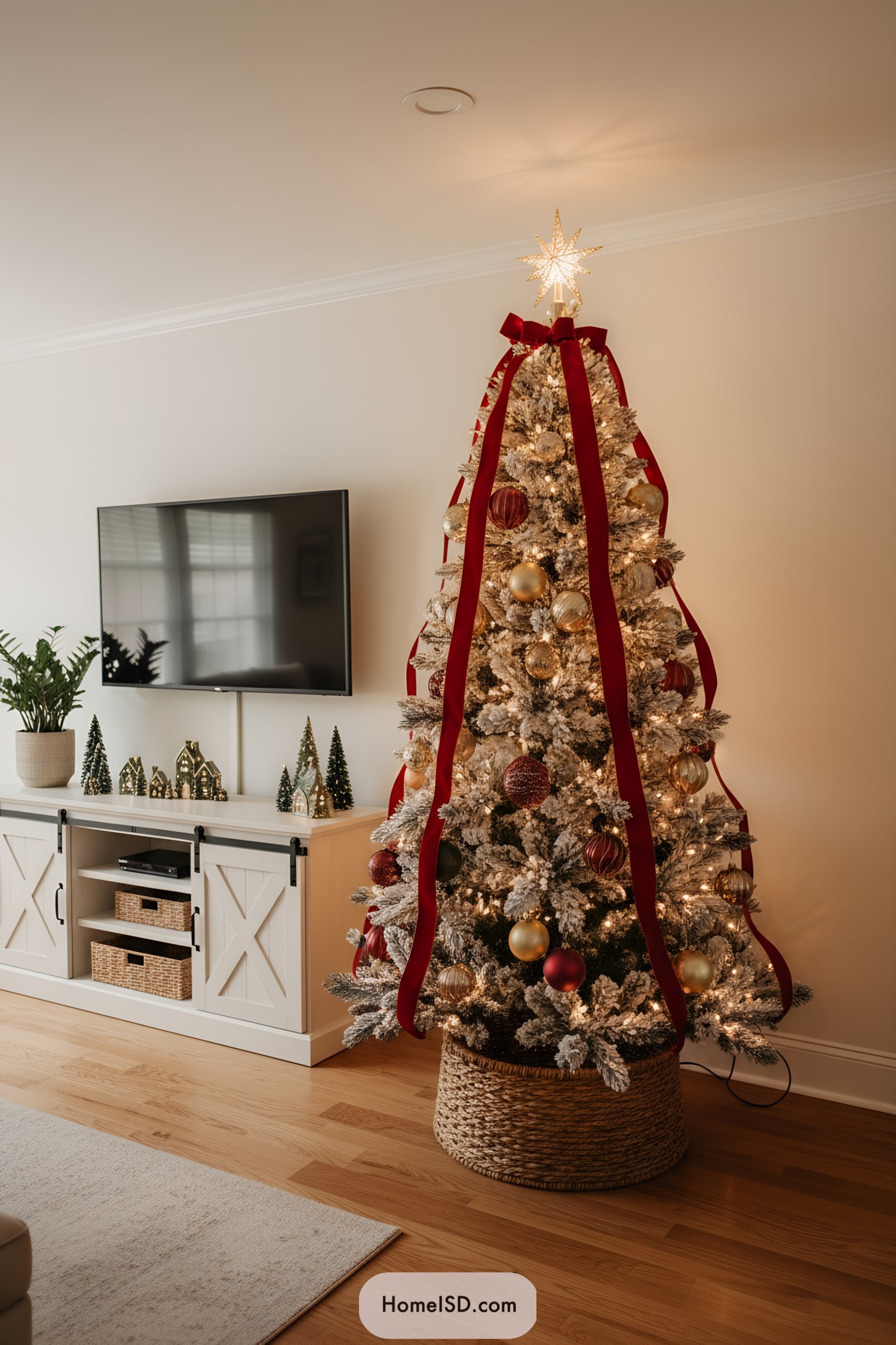 Flocked tree with red ribbons and gold ornaments glowing warmly