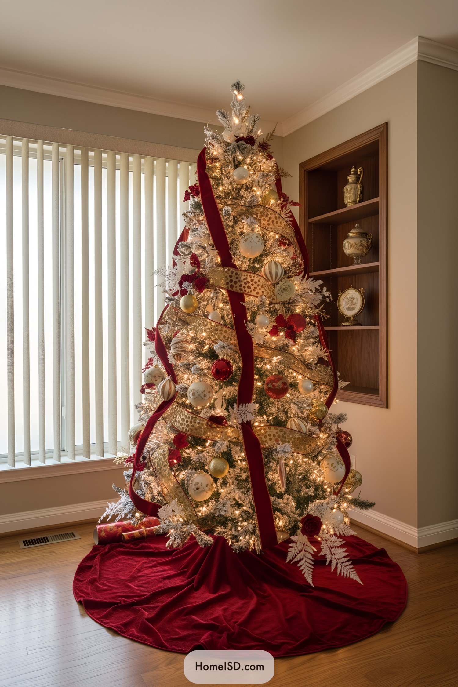 Red-and-gold Christmas tree with velvet ribbons and warm lights