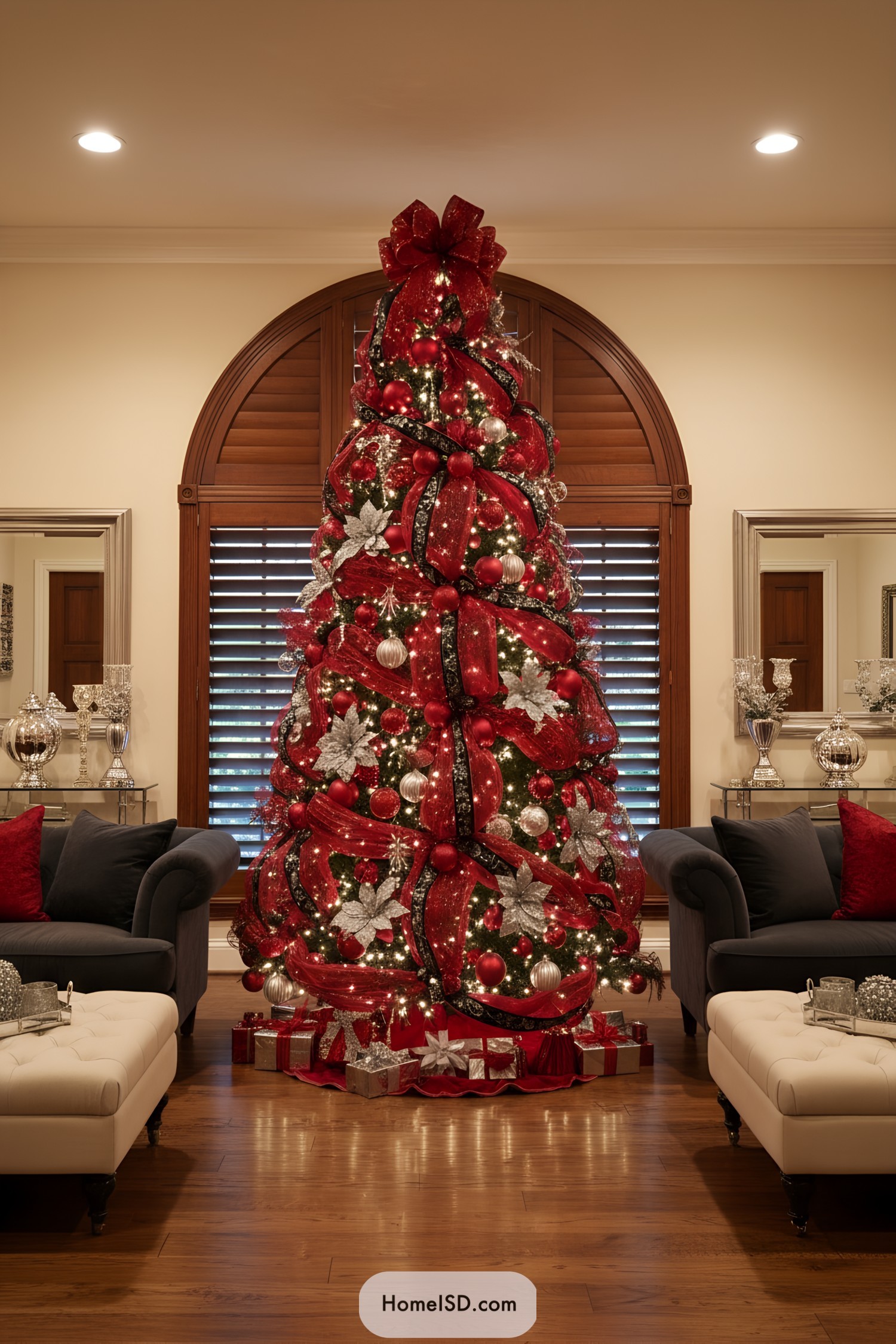 Tall red Christmas tree draped with black ribbon and silver florals, glowing with warm lights