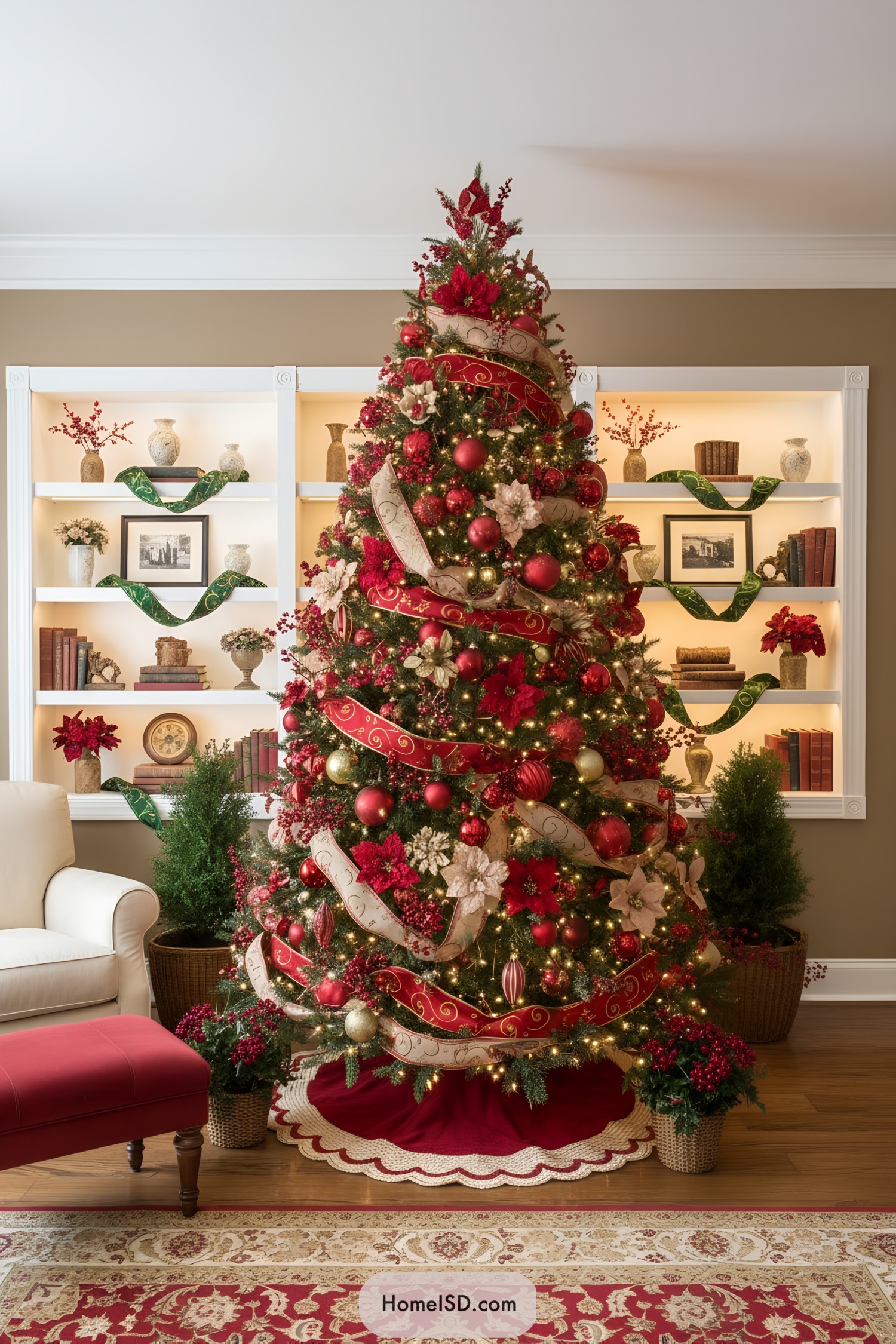 Red-and-gold ribboned Christmas tree with poinsettias