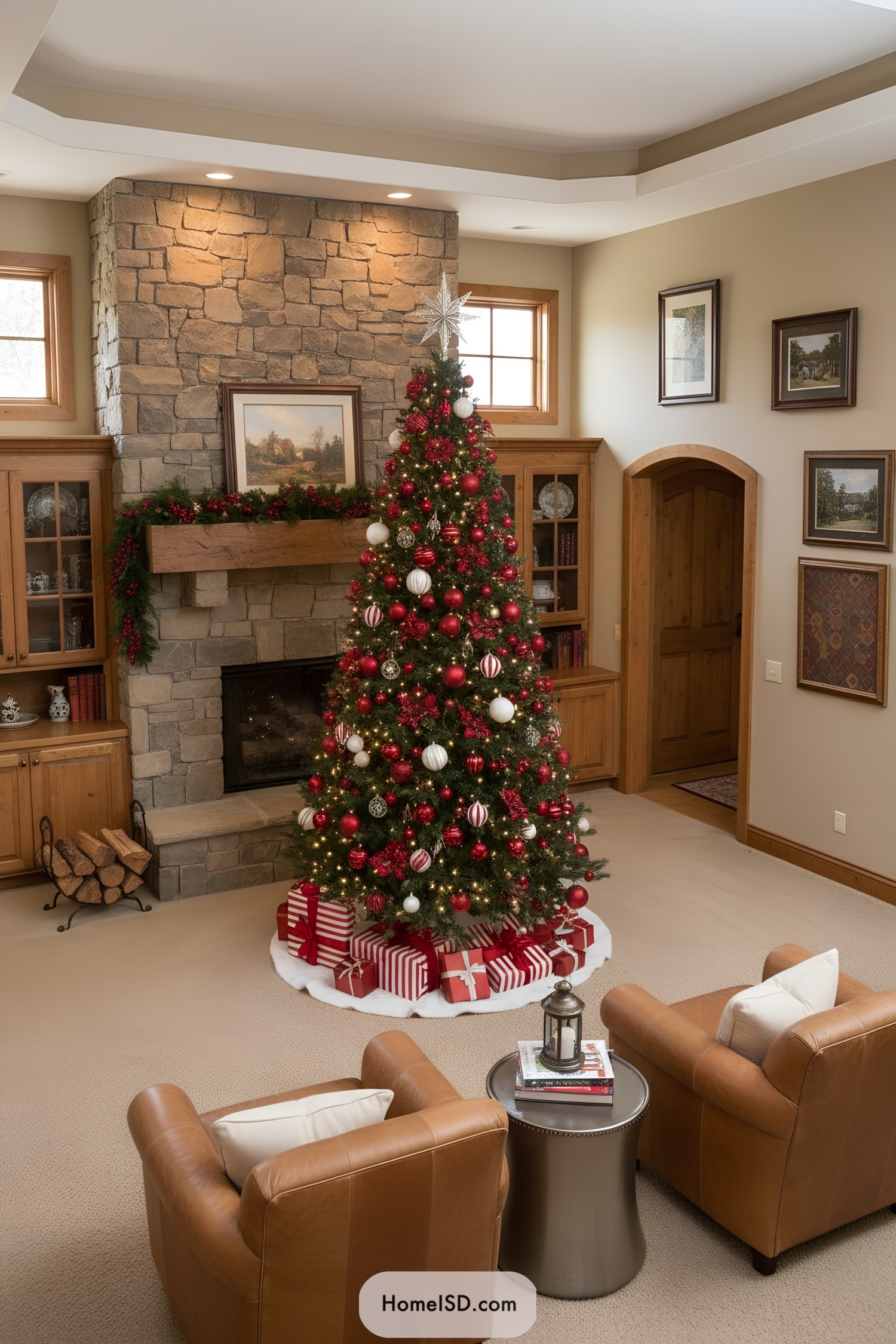 Red and white ornamented Christmas tree by fireplace