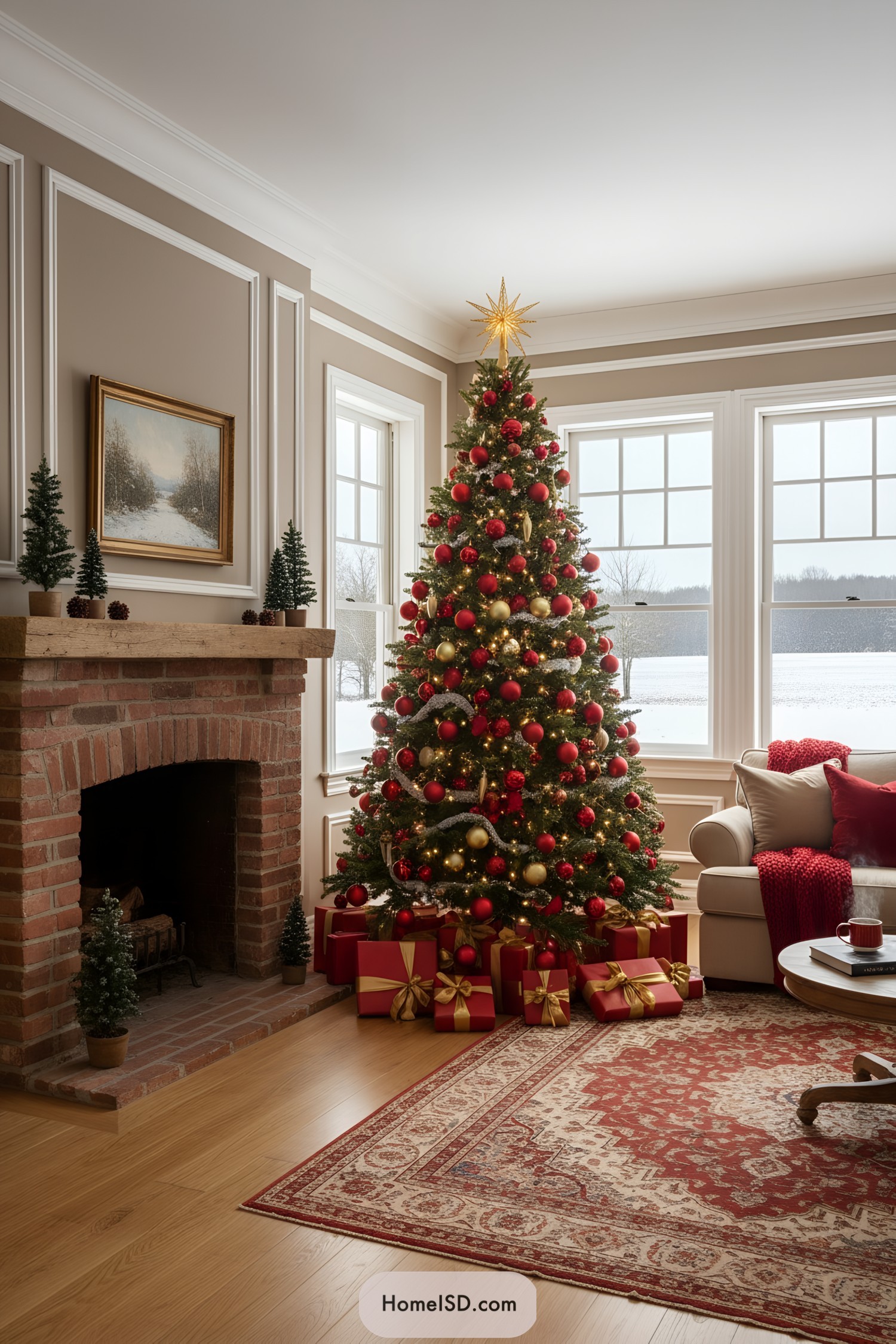 Red-and-gold ornamented tree beside fireplace