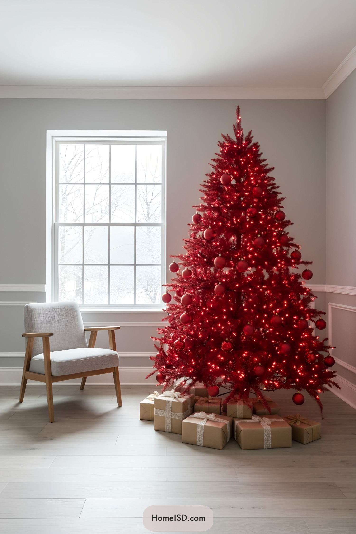 Red Christmas tree with lights and ornaments