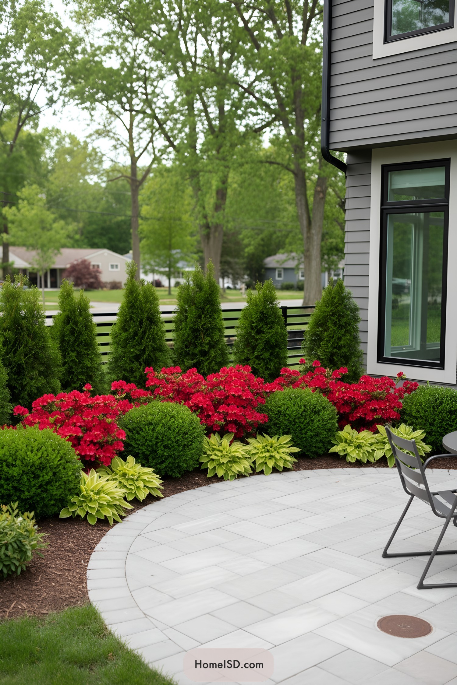 Red flowering shrub border along modern patio