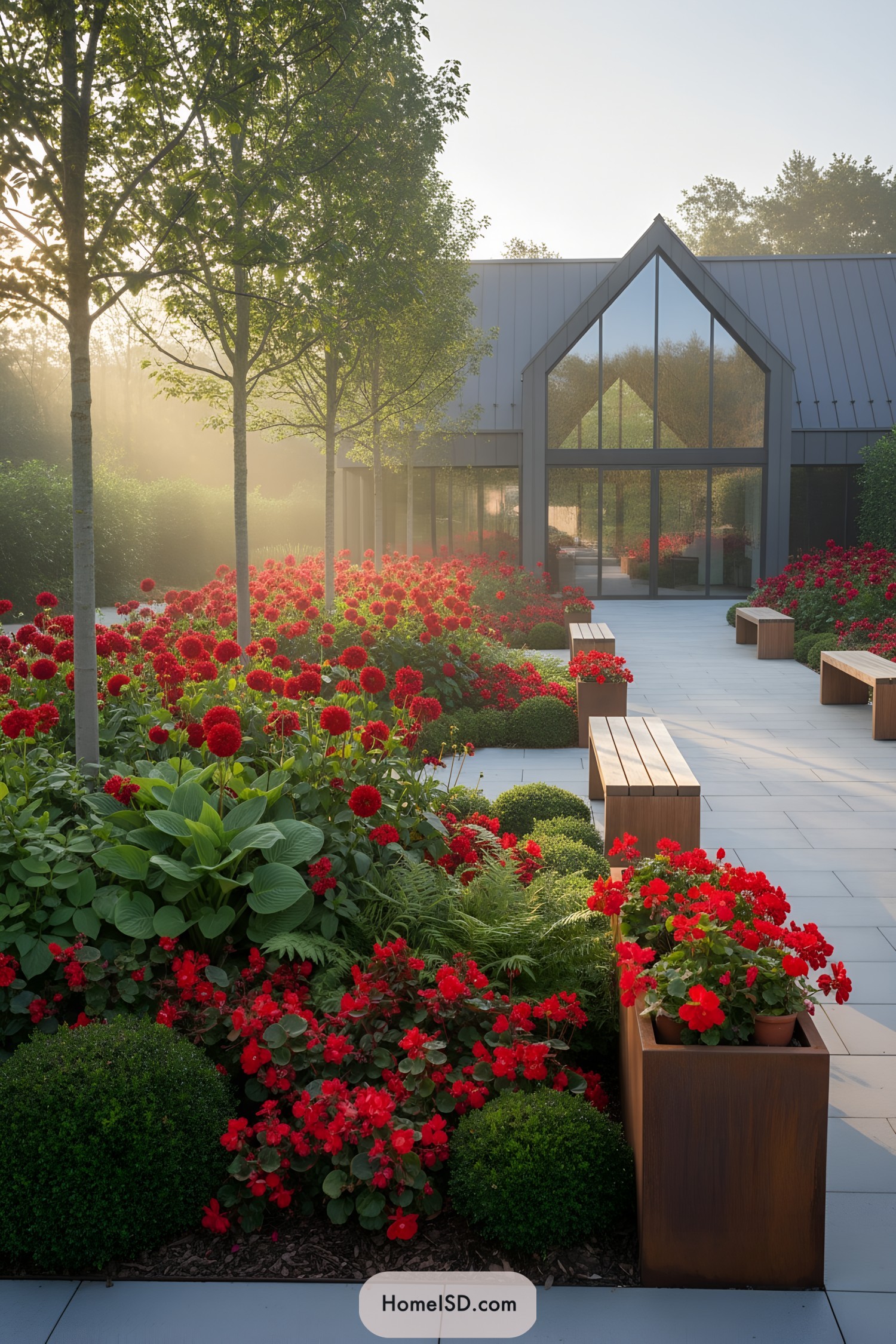 Modern courtyard with red flower beds