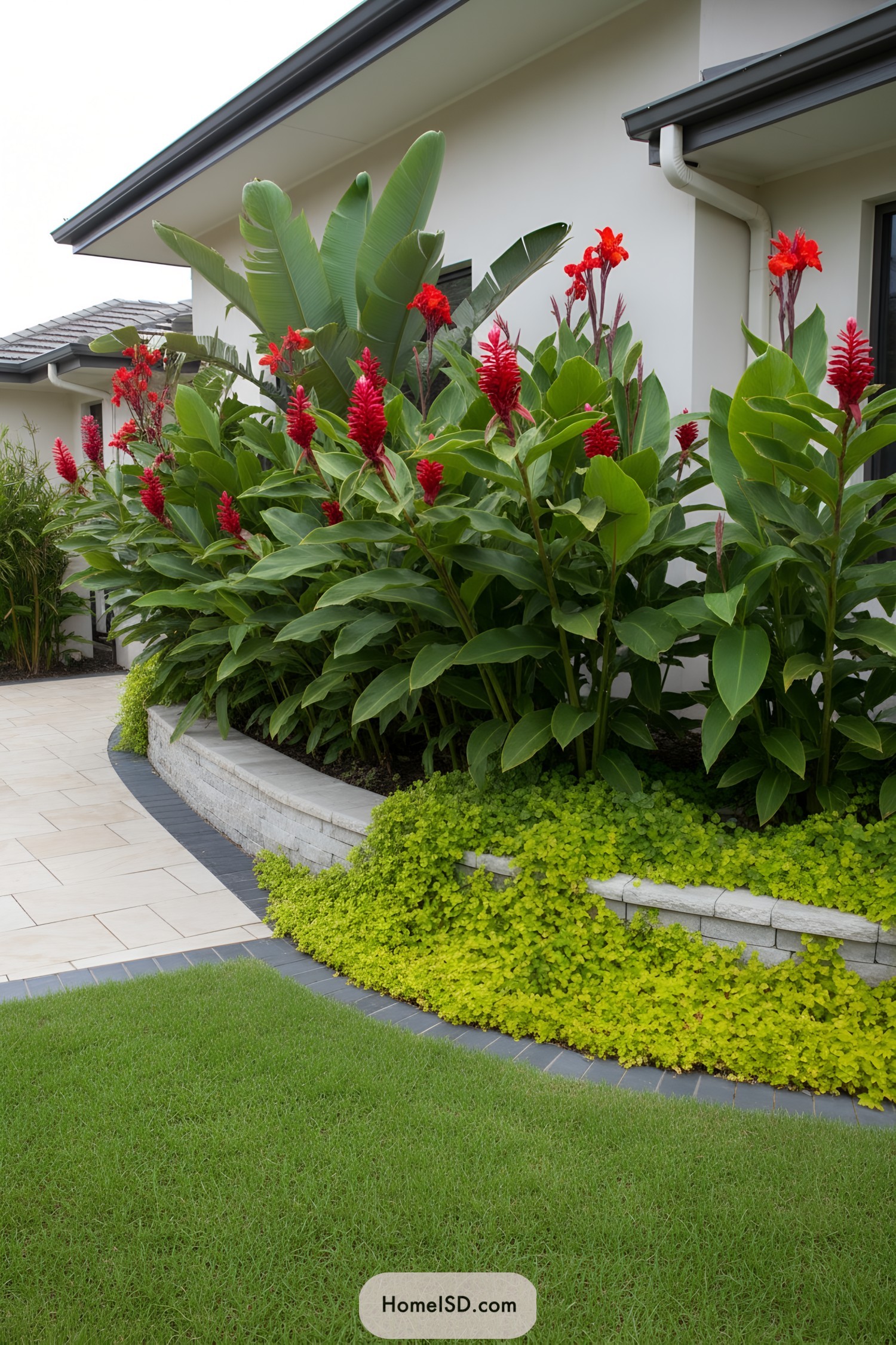 Modern front yard with tall red flowers