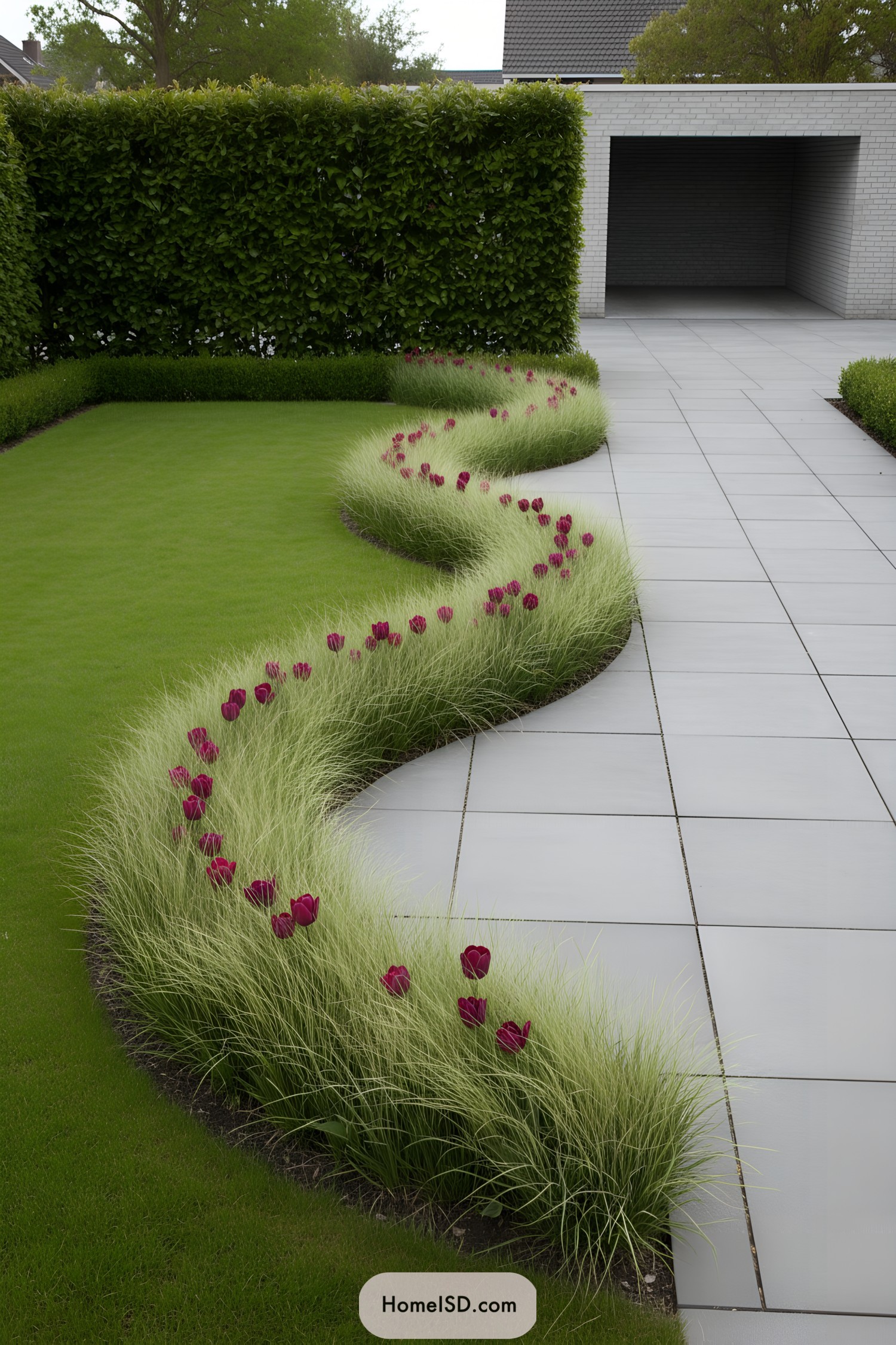 Curving border of soft grasses and red tulips lining a sleek paved walkway