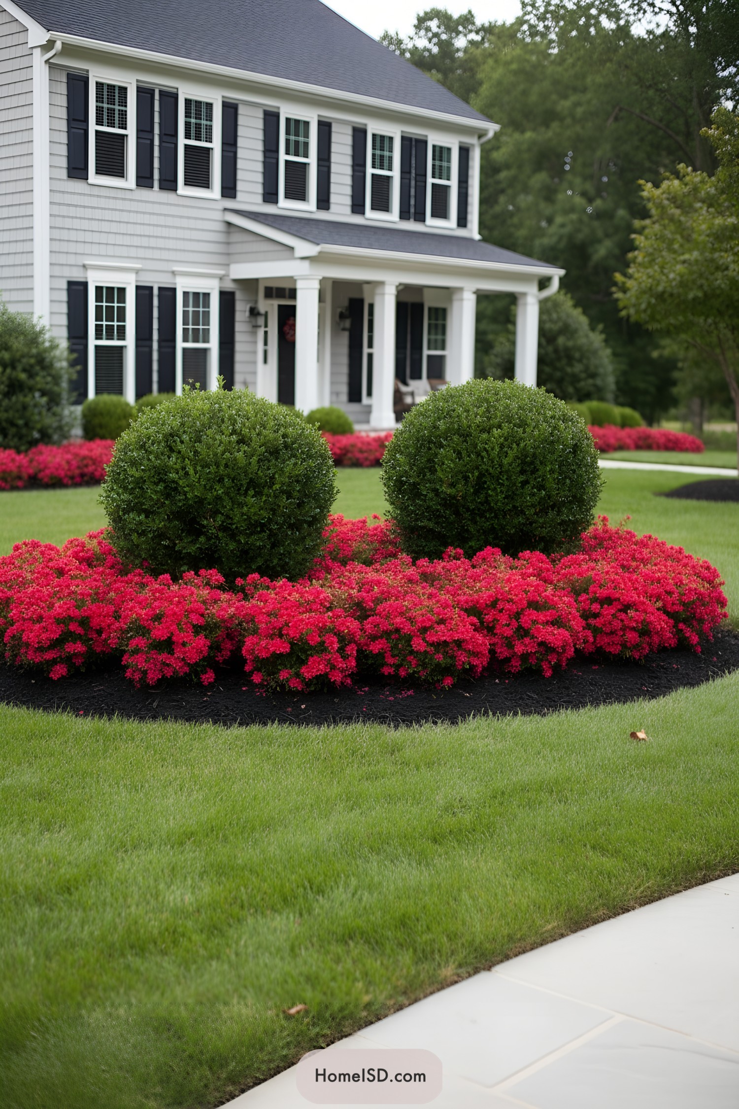 Round boxwood shrubs ringed by bright red flowers in a neat front yard