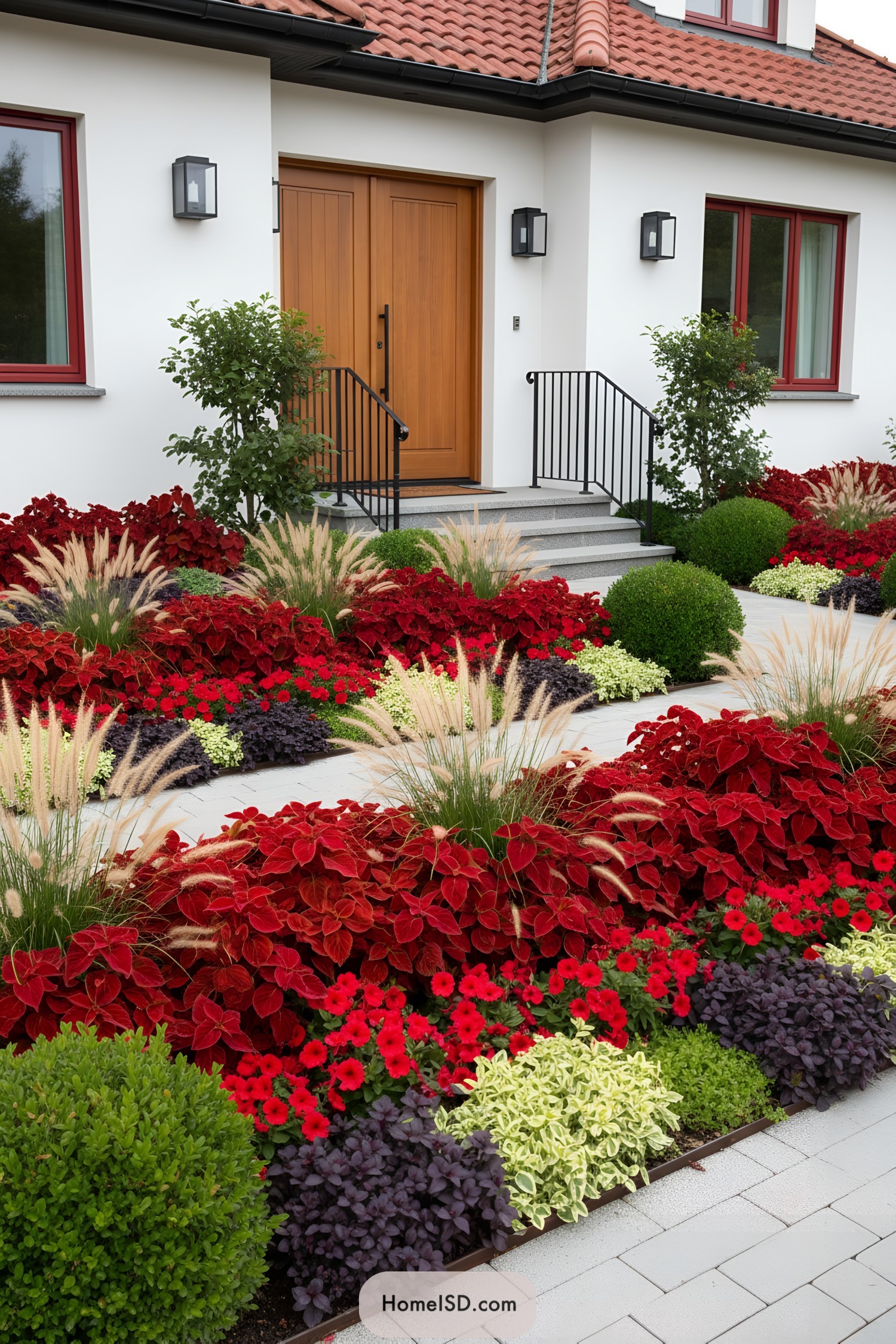 Modern front yard with layered red flower beds