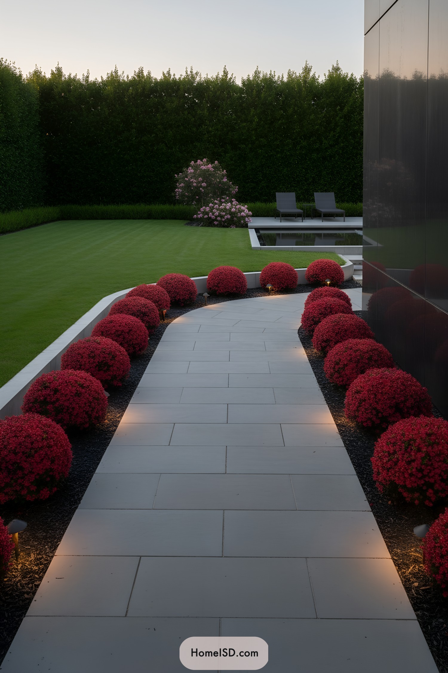Modern path lined with glowing red flower mounds