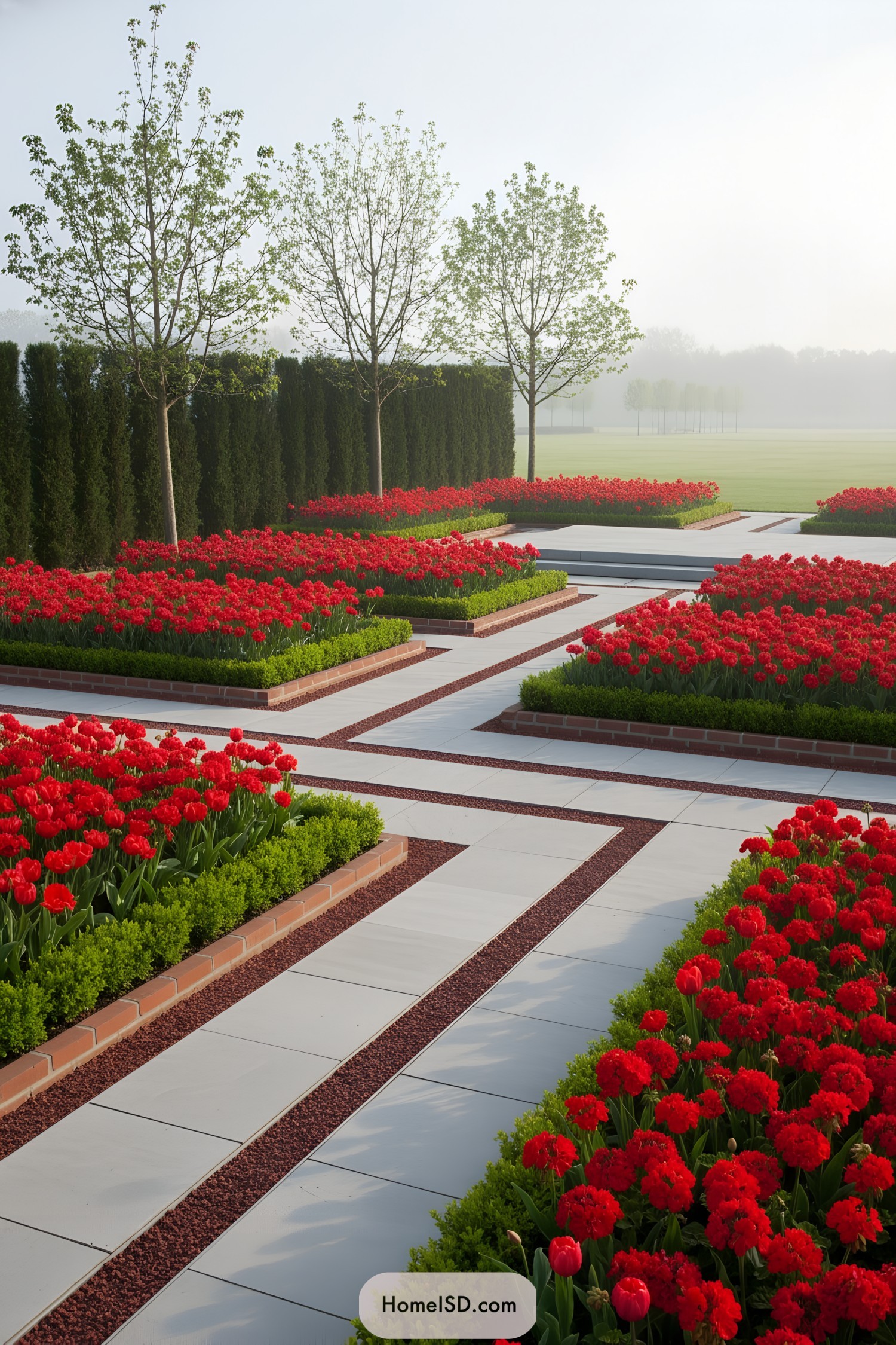 Modern yard with geometric red flower beds